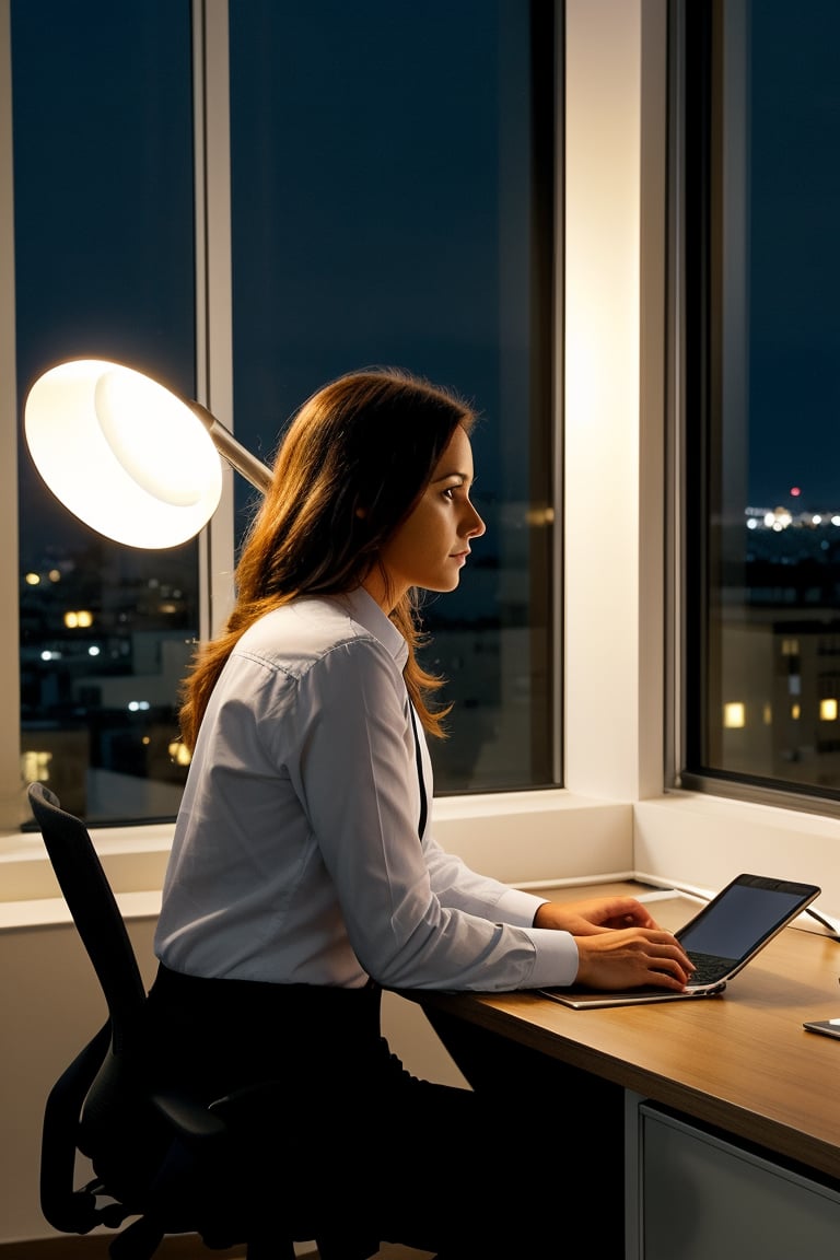 A professional woman working late in an office, illuminated by the soft light of a desk lamp and the city lights outside the window.