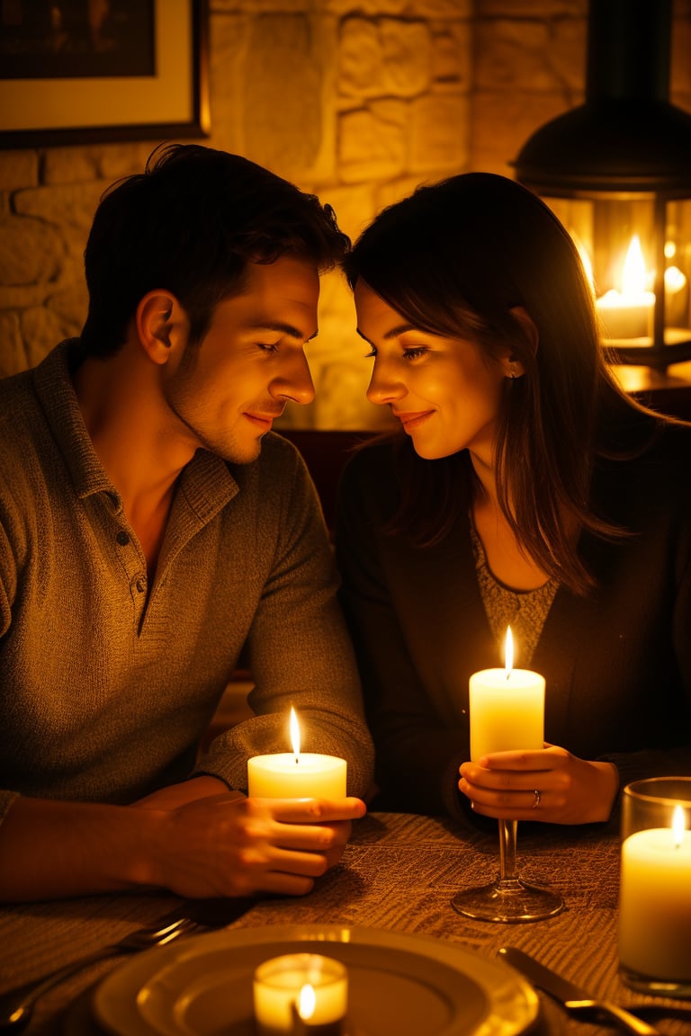 A couple in their twenties having a candlelit dinner in a cozy restaurant, with the warm glow creating an intimate atmosphere.