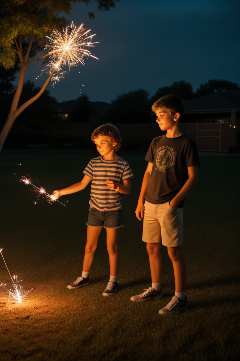 A teenage girl and her younger brother playing with sparklers in the backyard at night, with the sparks creating trails of light.