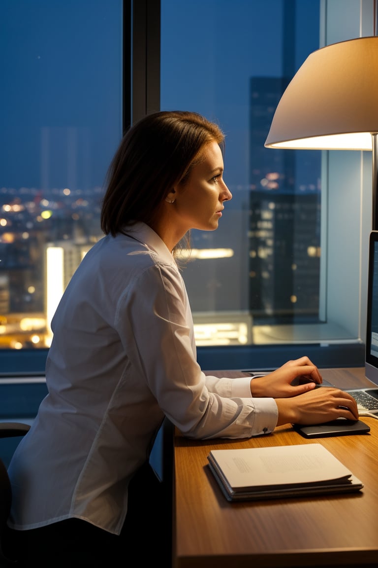 A professional woman working late in an office, illuminated by the soft light of a desk lamp and the city lights outside the window.