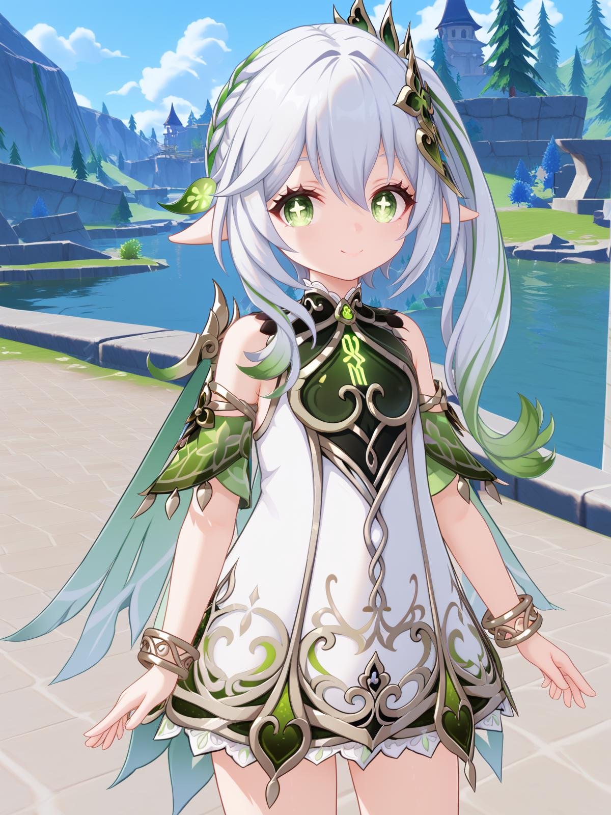 ((score_9)), ((score_8))nature, vegetation, hidden forest, cowboy shot,standing, looking at viewer, smile,<lora:nahida-05:0.9> nahida, 1girl, nahida (genshin impact), long hair, side ponytail, pointy ears, white hair, hair ornament, green hair, green eyes, ((cross-shaped pupils:1.3)), hair between eyes, grey hair, multicolored hair, bracelet, 