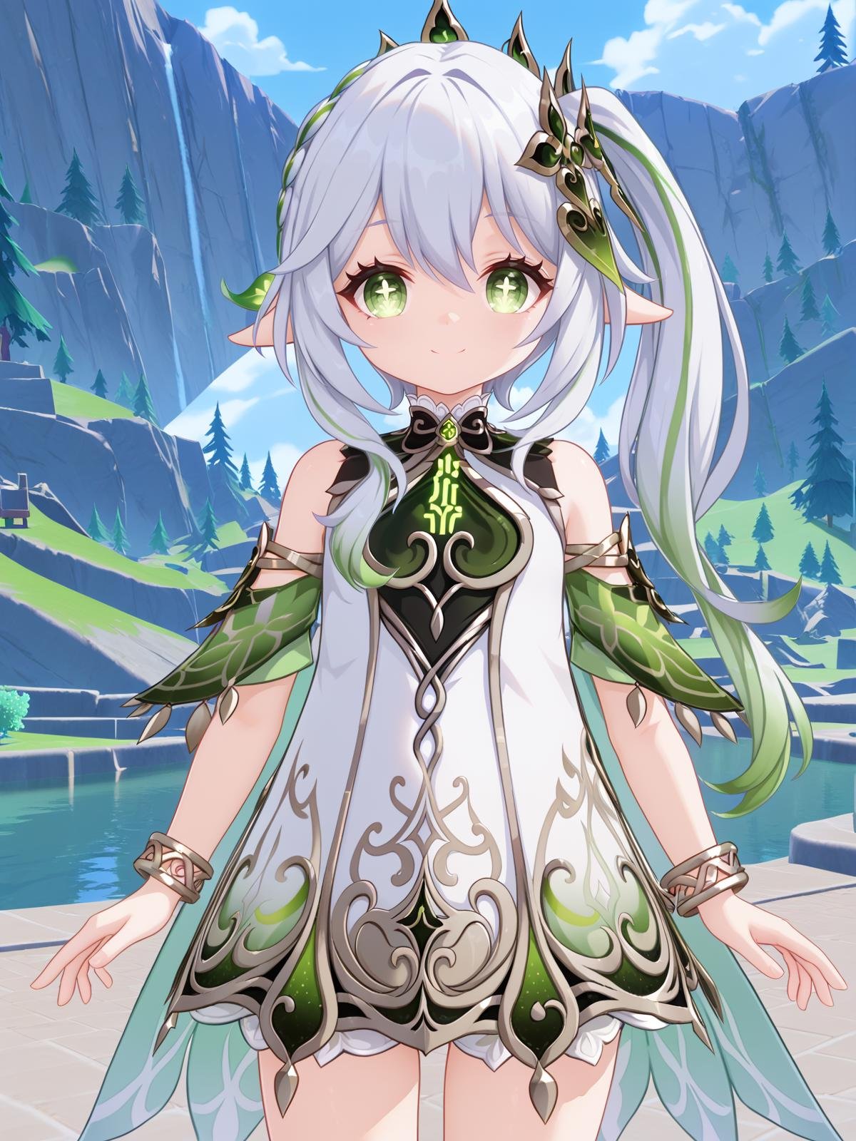 ((score_9)), ((score_8))nature, vegetation, hidden forest, cowboy shot,standing, looking at viewer, smile,<lora:nahida-05:0.9> nahida, 1girl, nahida (genshin impact), long hair, side ponytail, pointy ears, white hair, hair ornament, green hair, green eyes, ((cross-shaped pupils:1.3)), hair between eyes, grey hair, multicolored hair, bracelet, 