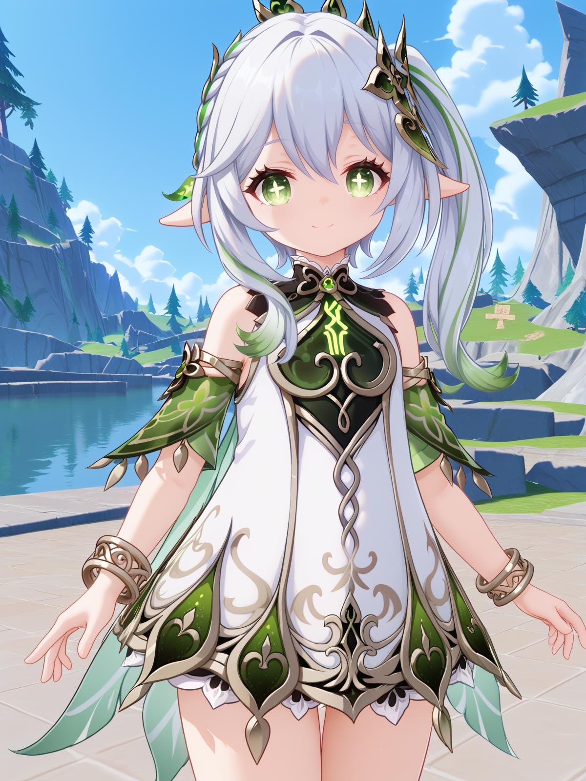 ((score_9)), ((score_8))nature, vegetation, hidden forest, cowboy shot,standing, looking at viewer, smile,<lora:nahida-05:0.9> nahida, 1girl, nahida (genshin impact), long hair, side ponytail, pointy ears, white hair, hair ornament, green hair, green eyes, ((cross-shaped pupils:1.3)), hair between eyes, grey hair, multicolored hair, bracelet, 