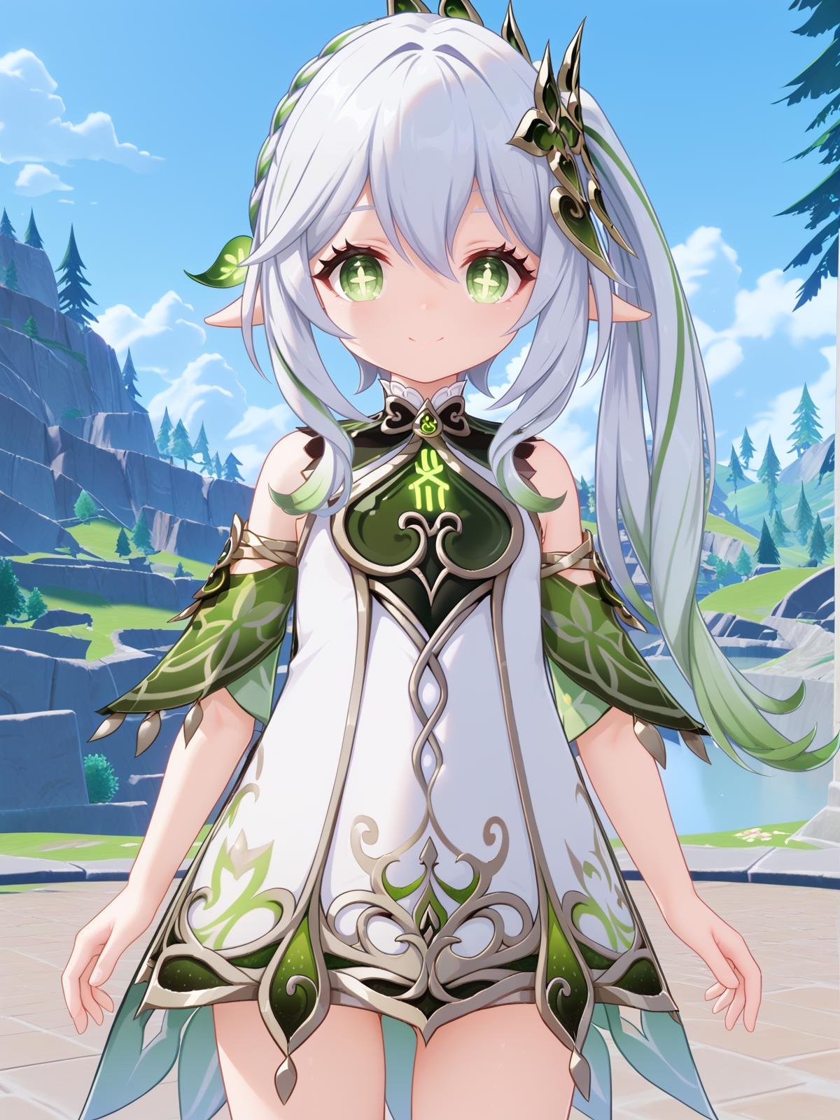 ((score_9)), ((score_8))nature, vegetation, hidden forest, cowboy shot,standing, looking at viewer, smile,<lora:nahida-05:0.9> nahida, 1girl, nahida (genshin impact), long hair, side ponytail, pointy ears, white hair, hair ornament, green hair, green eyes, ((cross-shaped pupils:1.3)), hair between eyes, grey hair, multicolored hair, 