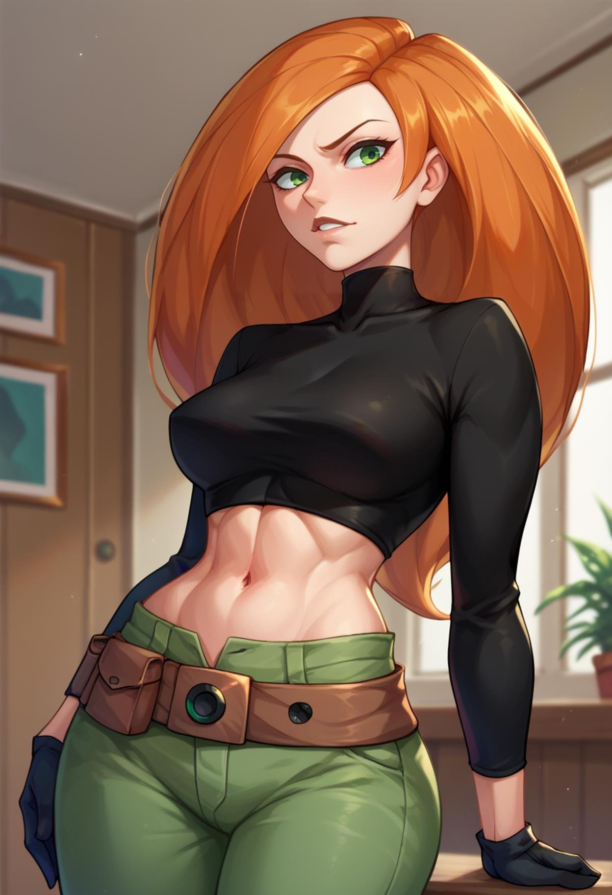 score_9,score_8_up,score_7_up,score_9,score_8_up,score_8,beautiful face,highres,lineart BREAK <lora:kim:0.9>,kim possible,1girl,solo,long hair,black gloves,navel,green eyes,midriff,belt,green pants,orange hair,black crop top,turtleneck, room, room background, cowboy shot, 