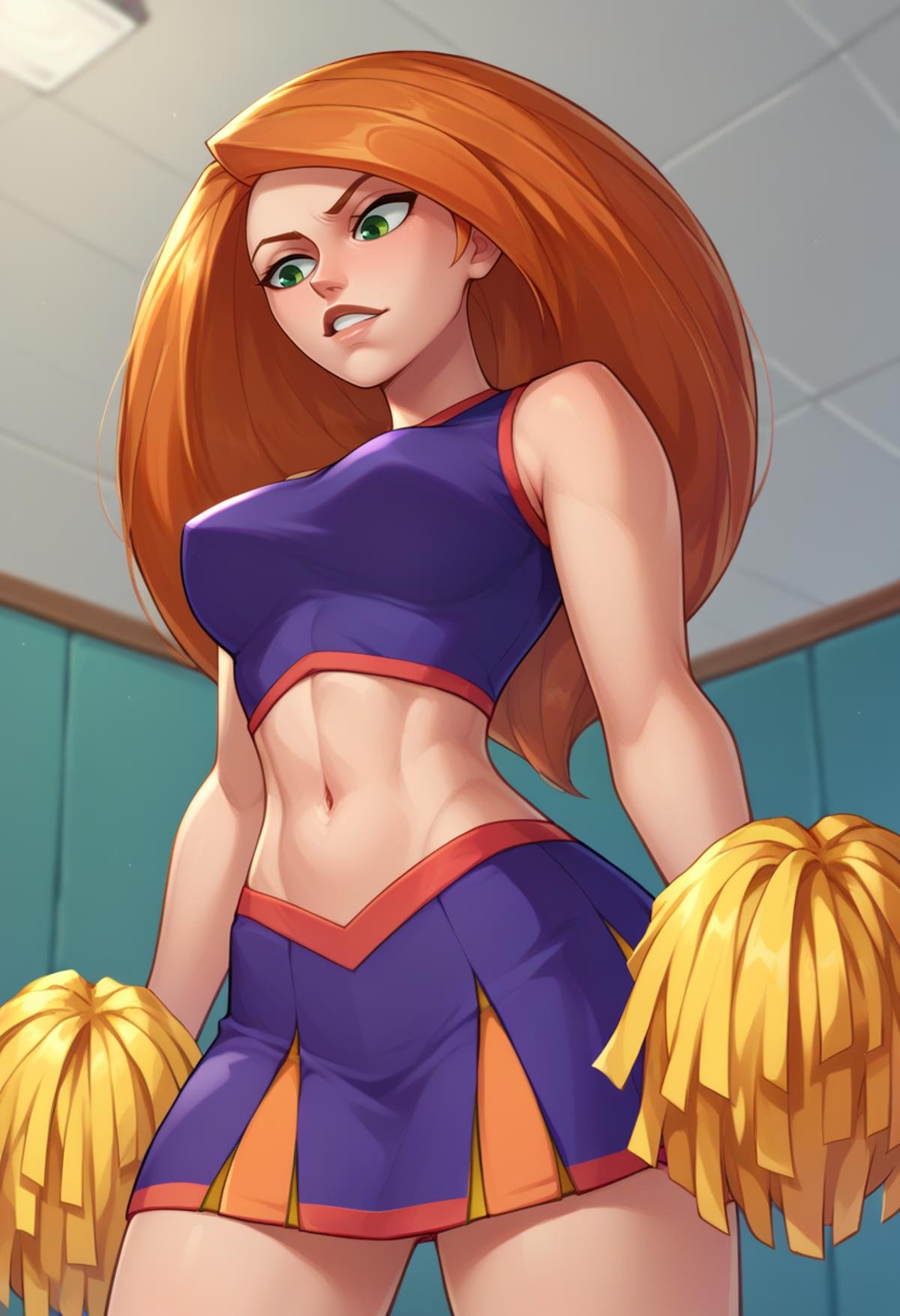 score_9,score_8_up,score_7_up,score_9,score_8_up,score_8,beautiful face,highres,lineart BREAK <lora:kim:1>,kim possible,1girl,solo,long hair,skirt,navel,green eyes,midriff,orange hair,crop top,cheerleader,pom pom (cheerleading),room,room background,cowboy shot,from below, 