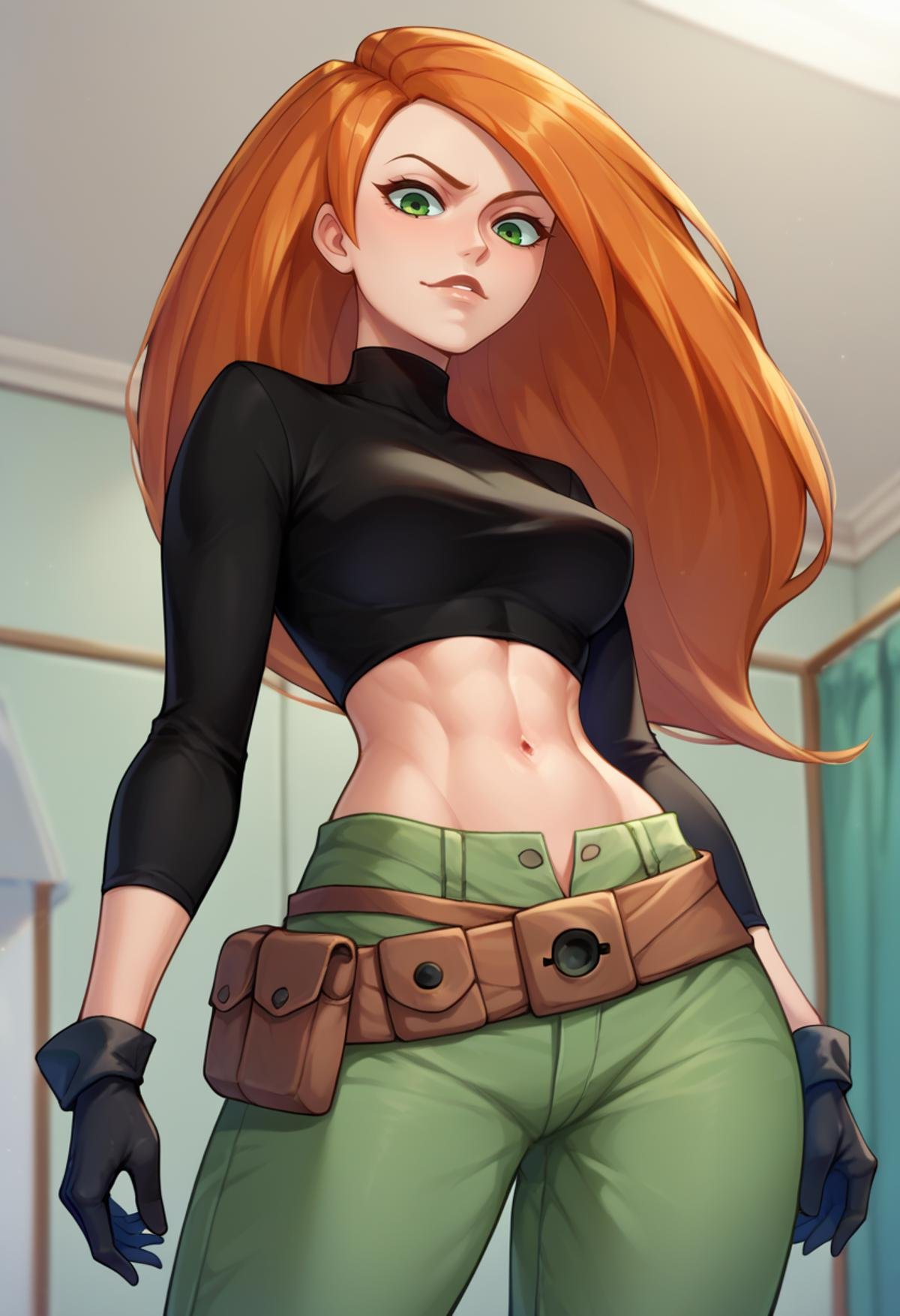 score_9,score_8_up,score_7_up,score_9,score_8_up,score_8,beautiful face,highres,lineart BREAK <lora:kim:1>,kim possible,1girl,solo,long hair,navel,green eyes,midriff,belt,green pants,orange hair,black crop top,turtleneck,black gloves,room,room background,cowboy shot,from below,