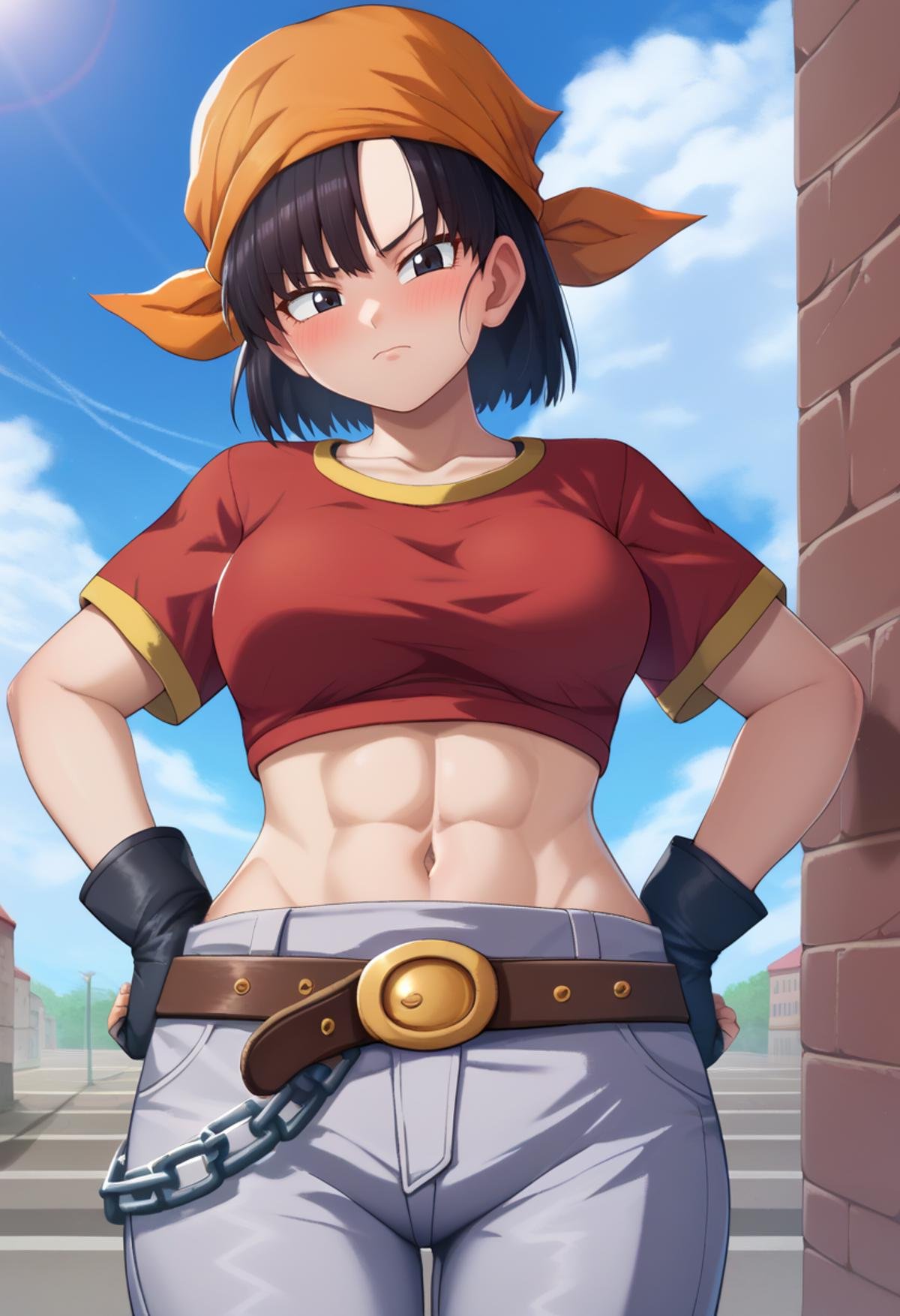 score_9, score_8_up, score_7_up, score_9,4k, HD, 8k, highres, antialiasing, texture,  BREAK,  <lora:pan:1> panSDXL, 1girl, solo, looking at viewer, blush, short hair,  shirt, black hair, gloves, navel, short sleeves, :d, black gloves, midriff, belt, pants, cloud, fingerless gloves, black eyes, crop top, chain, red shirt, black belt, bandana, grey pants, cowboy shot, street background, hands on hips,