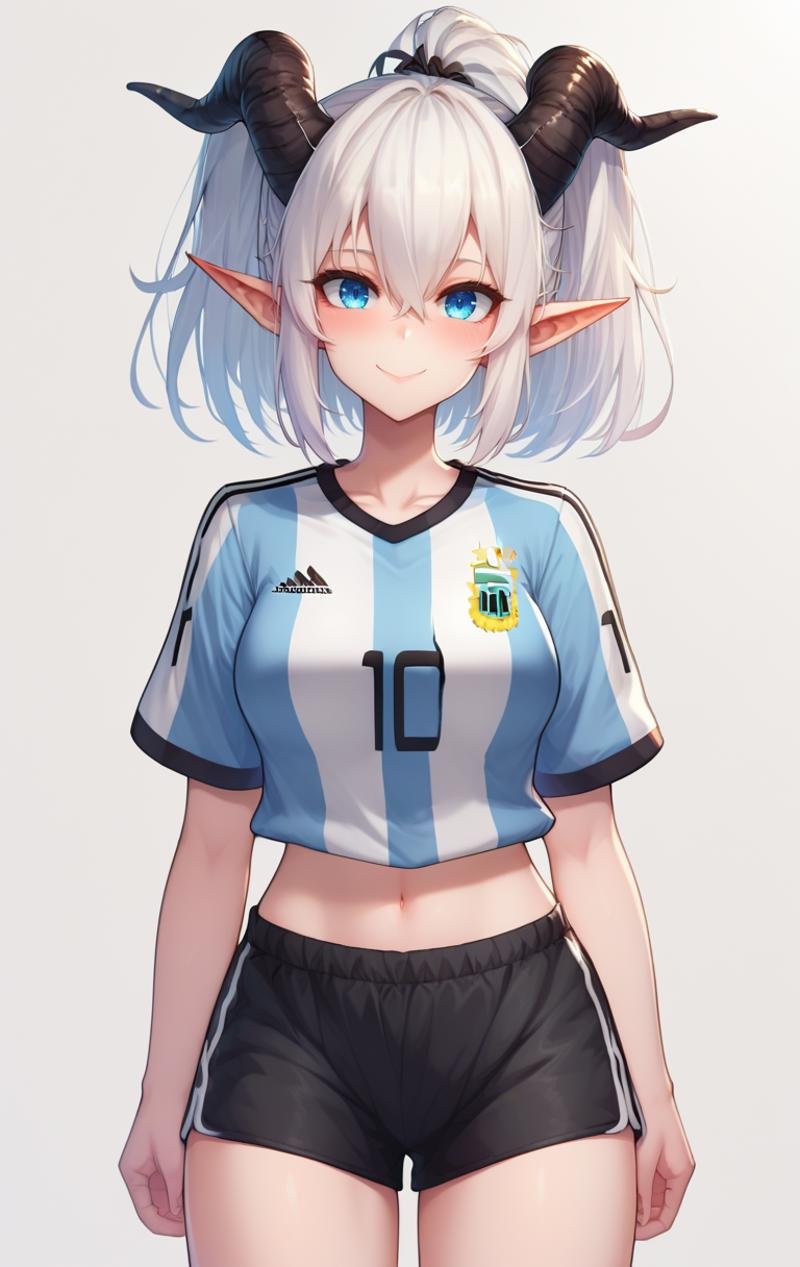 score_9, score_8_up, score_7_up, BREAK  <lora:Miavt-10:1> MiavtSDXL, 1girl, solo, looking at viewer, blush, smile, short hair, blue eyes, simple background, shirt,  navel, hair between eyes, medium breasts, closed mouth, standing, collarbone, ponytail, white hair, short sleeves, thighs, cowboy shot, horns, shorts, pointy ears, midriff, striped, short shorts, black shorts, blue shirt, demon horns, sportswear,  soccer uniform