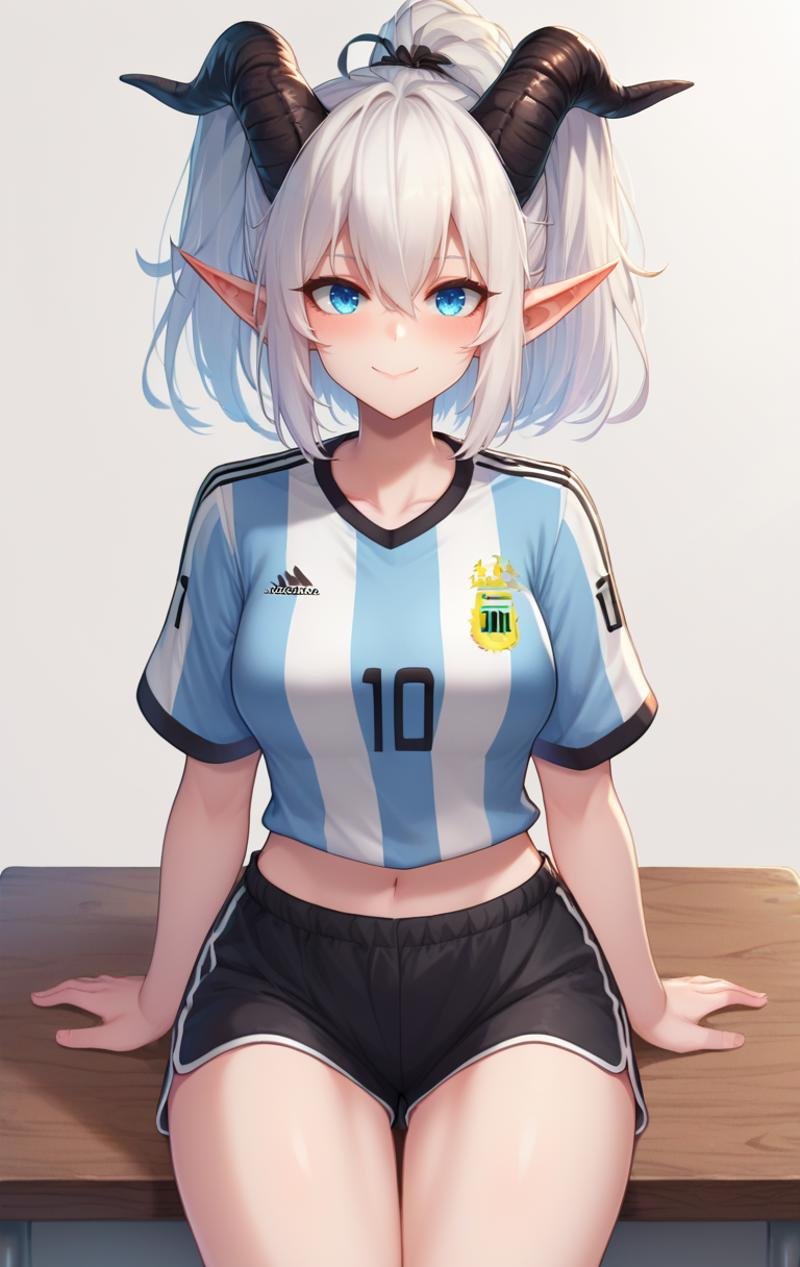 score_9, score_8_up, score_7_up, BREAK  <lora:Miavt-10:1> MiavtSDXL, 1girl, solo, looking at viewer, blush, smile, short hair, blue eyes,  shirt,  navel, hair between eyes, medium breasts, closed mouth, standing, number 10, collarbone, ponytail, white hair, short sleeves, thighs, cowboy shot, horns, shorts, pointy ears, midriff, striped, short shorts, black shorts, blue shirt, demon horns, sportswear,  soccer uniform, sitting