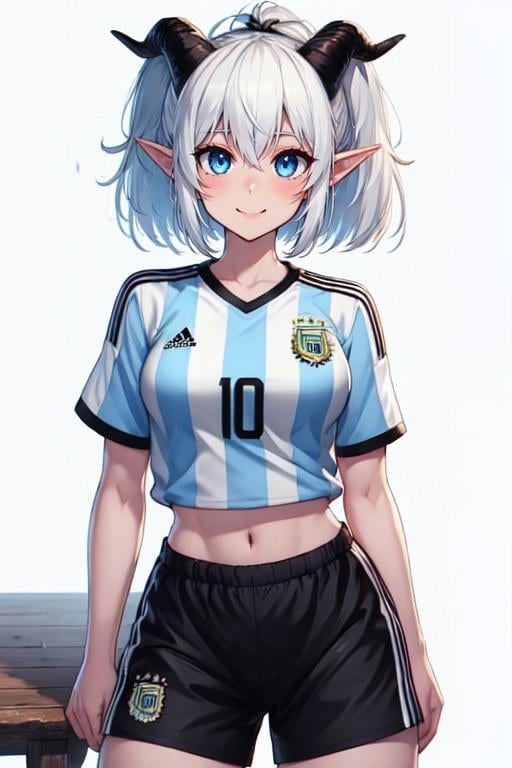 masterpiece,best quality,extreme detail,8k,face detailed,  <lora:Mialygosa:0.8> Mialygosa15, 1girl, solo, looking at viewer, blush, smile, short hair, blue eyes, shirt, navel, hair between eyes, medium breasts, closed mouth,  collarbone, ponytail, number 10, white hair, short sleeves, thighs, cowboy shot, horns, shorts, pointy ears, midriff, striped, short shorts, black shorts, blue shirt, demon horns, sportswear,  soccer uniform, double pigtail, room background