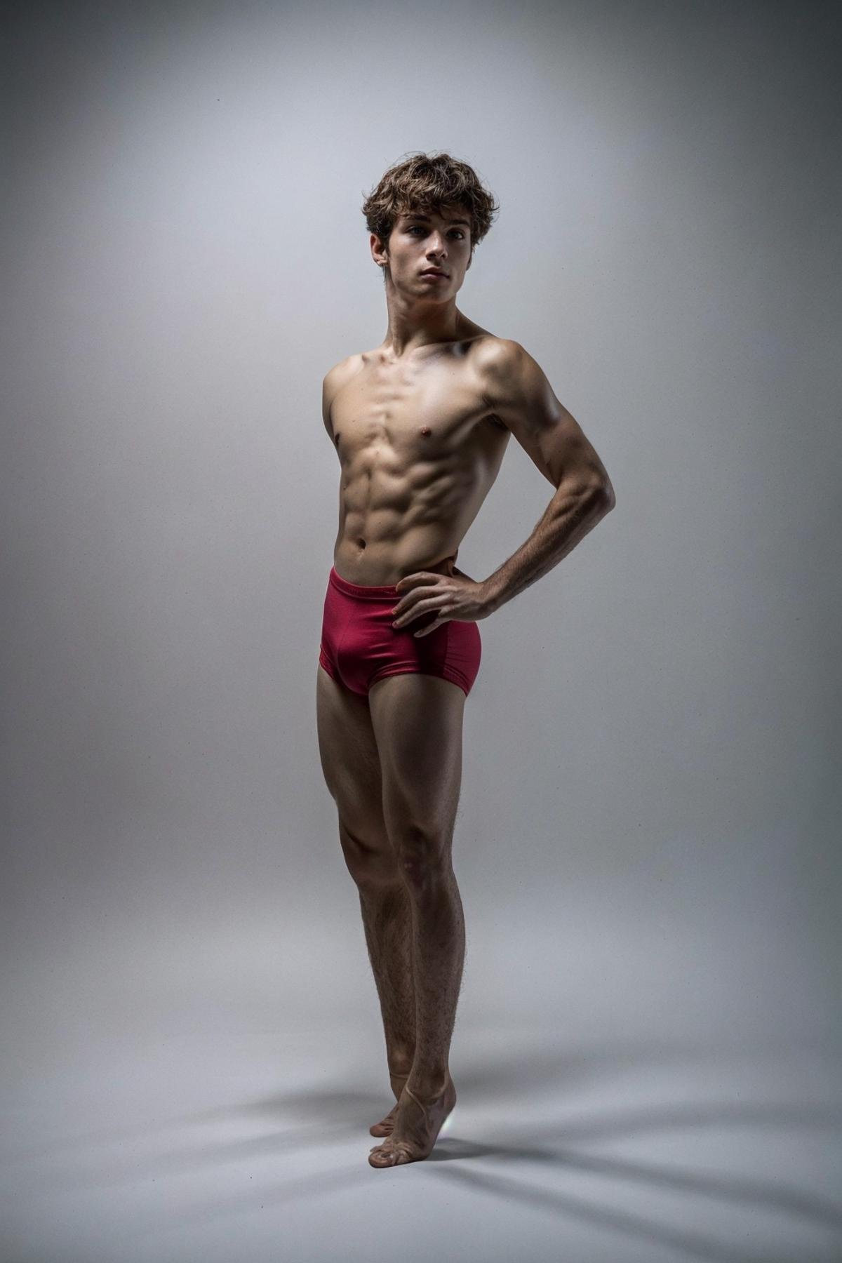 <lora:B4lletB0ys:1> (B4lletB0ys), ballet, boys, male focus, dancer, athletic, dance1boy, solo, male focus, topless male, black hair, full body, barefoot, ass, male underwear, grey background,  man, (28yo), RAW, hyper detailed photorealistic, life-like, accurate, proportional, sharp focus, (accurate cinematic lighting), photorealistic detail, (selective focus:0.6)  <lora:lora_perfecteyes_v1_from_v1_160:0.8> photo of perfecteyes eyes <lora:more_details:0.8>