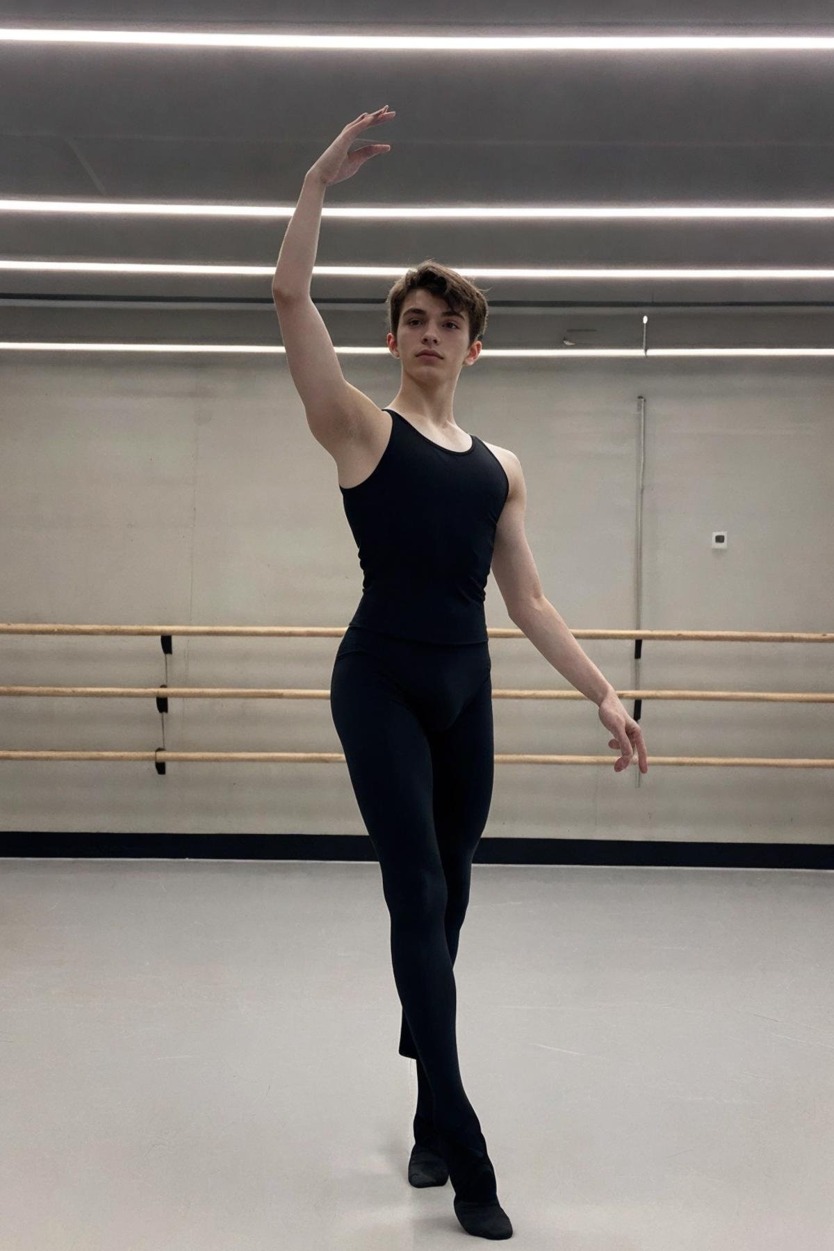 <lora:B4lletB0ys:1> (B4lletB0ys), ballet, boys, male focus, dancer, athletic, dance, 1boy, solo, male focus, front view, dance wear, unitard, photo background, short hair, full body, muscular, tank top, male underwear, black footwear, standing, natural bulge, bara, socks, muscular male, indoors, black shirt, shirt, realistic, dancer legs, thighs, twink, highly detailed eyes, detailed face, in a ballet dance studio, tight dancewear, bulge, RAW, hyper detailed photorealistic, life-like, accurate, proportional, sharp focus, (accurate cinematic lighting), photorealistic detail, (selective focus:0.6), (18yo)