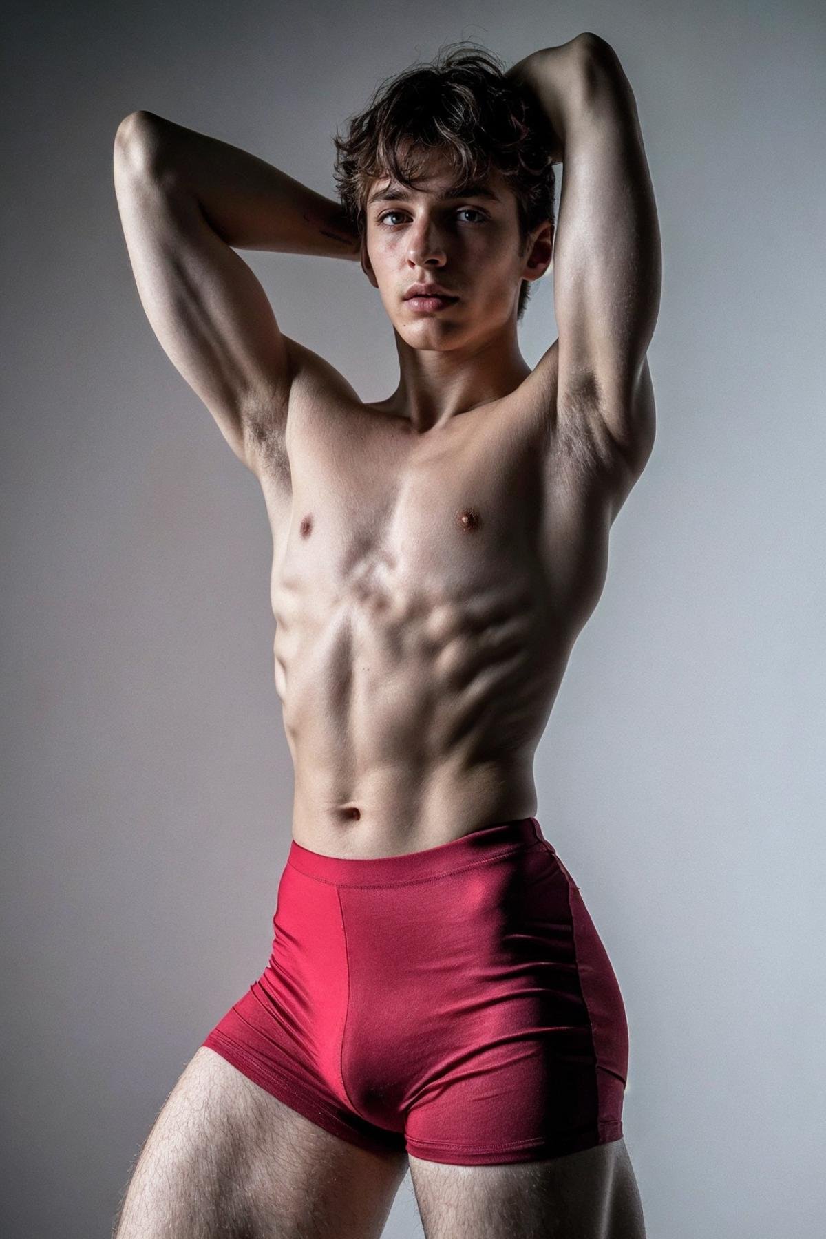 <lora:B4lletB0ys:1> (B4lletB0ys), ballet, boys, male focus, dancer, athletic, dance1boy, male focus, solo, black hair, ass, topless male, full body, dancing, arched back, muscular, arms up, grey background, tight dancewear, natural bulge, fit twink, dancers legs, thighs, small waist, (19yo), RAW, hyper detailed photorealistic, life-like, accurate, proportional, sharp focus, (accurate cinematic lighting), photorealistic detail, (selective focus:0.6)  <lora:lora_perfecteyes_v1_from_v1_160:0.8> photo of perfecteyes eyes <lora:more_details:0.8>