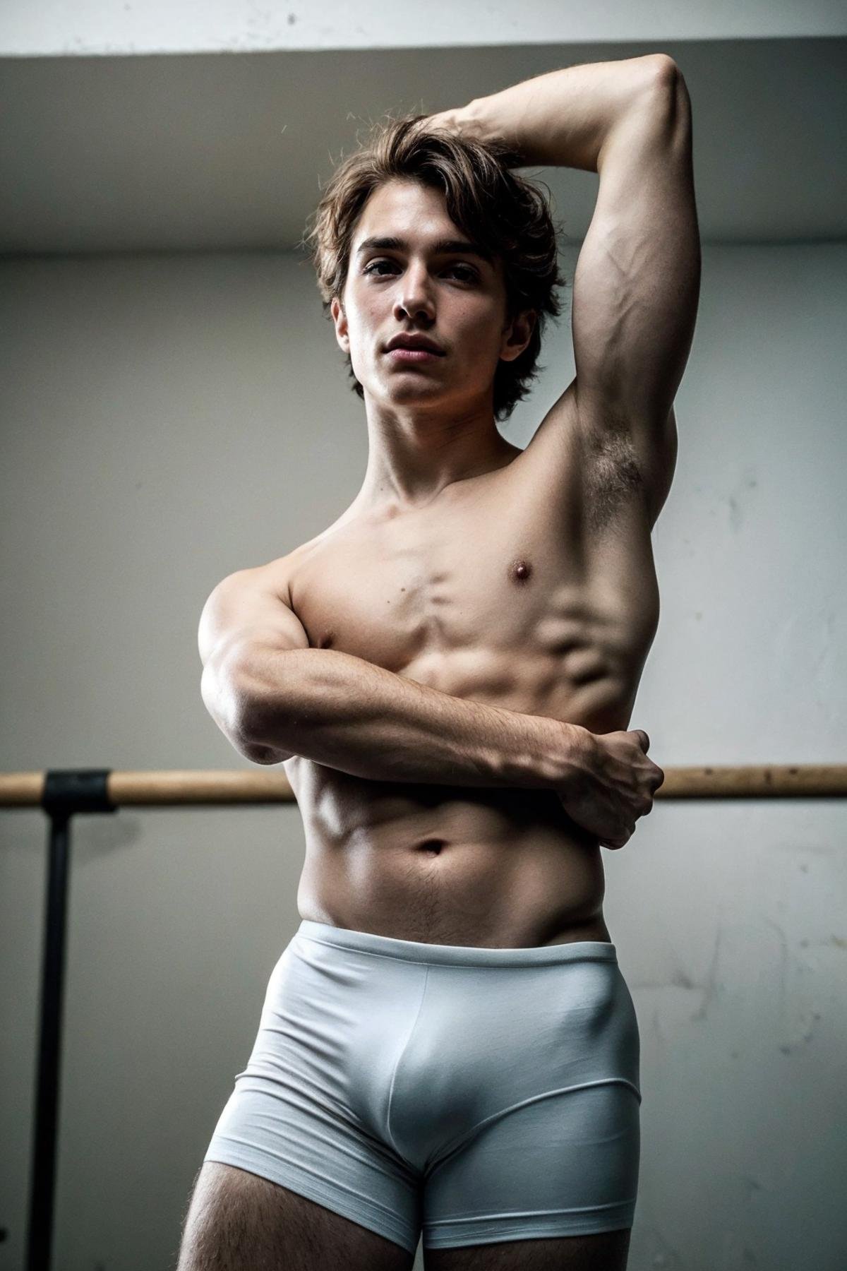 <lora:B4lletB0ys:1> (B4lletB0ys), ballet, boys, male focus, dancer, athletic, dance1boy, male focus, solo, black hair, topless male, male underwear, barefoot, realistic, nipples, outstretched arms, full body, boxers, navel, underwear, man, (28yo), RAW, hyper detailed photorealistic, life-like, accurate, proportional, sharp focus, (accurate cinematic lighting), photorealistic detail, (selective focus:0.6)  <lora:lora_perfecteyes_v1_from_v1_160:0.8> photo of perfecteyes eyes <lora:more_details:0.8>