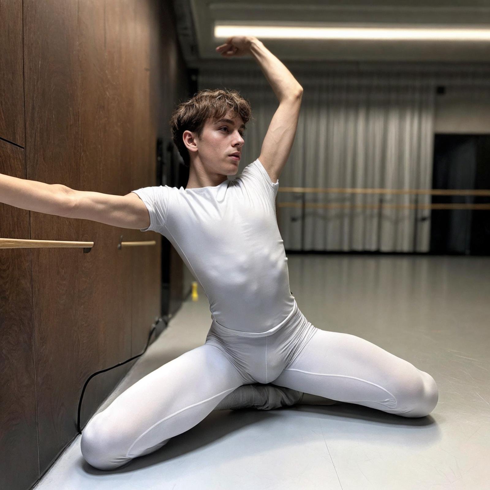 <lora:B4lletB0ys:1> (B4lletB0ys), ballet, boys, male focus, dancer, athletic, solo, brown hair, pants, shirt, ass, white shirt, short sleeves, grey pants, short hair, looking up, arched back, kneeling, bum, 1boy, natural bulge, fit athletic dancer body, dancers legs, thighs, small waist, twink,  (18yo), RAW, hyper detailed photorealistic, life-like, accurate, proportional, sharp focus, (accurate cinematic lighting), photorealistic detail, (selective focus:0.6)  <lora:lora_perfecteyes_v1_from_v1_160:0.8> photo of perfecteyes eyes <lora:more_details:0.8>