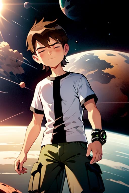 <lora:ben-10:1>ben, cowboy shot, half body, white shirt, green cargo pants, screencap, floating in space, planets, curled up, closed eyes, red mist, space backgrounds, nebula,, masterpiece, best quality