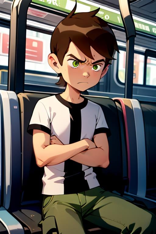 <lora:ben-10:1>ben, cowboy shot, half body, white shirt, green cargo pants, screen cap, inside metro, mad, pissed, grumpy, crossed arms, metro train, public transport, daylight, sitting, masterpiece, best quality