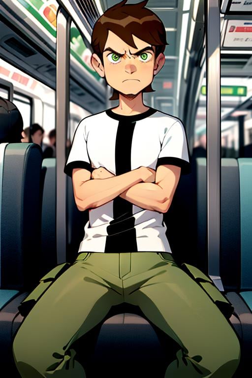 <lora:ben-10:1>ben, cowboy shot, half body, white shirt, green cargo pants, screen cap, inside metro, mad, pissed, grumpy, crossed arms, metro train, public transport, daylight, sitting, masterpiece, best quality