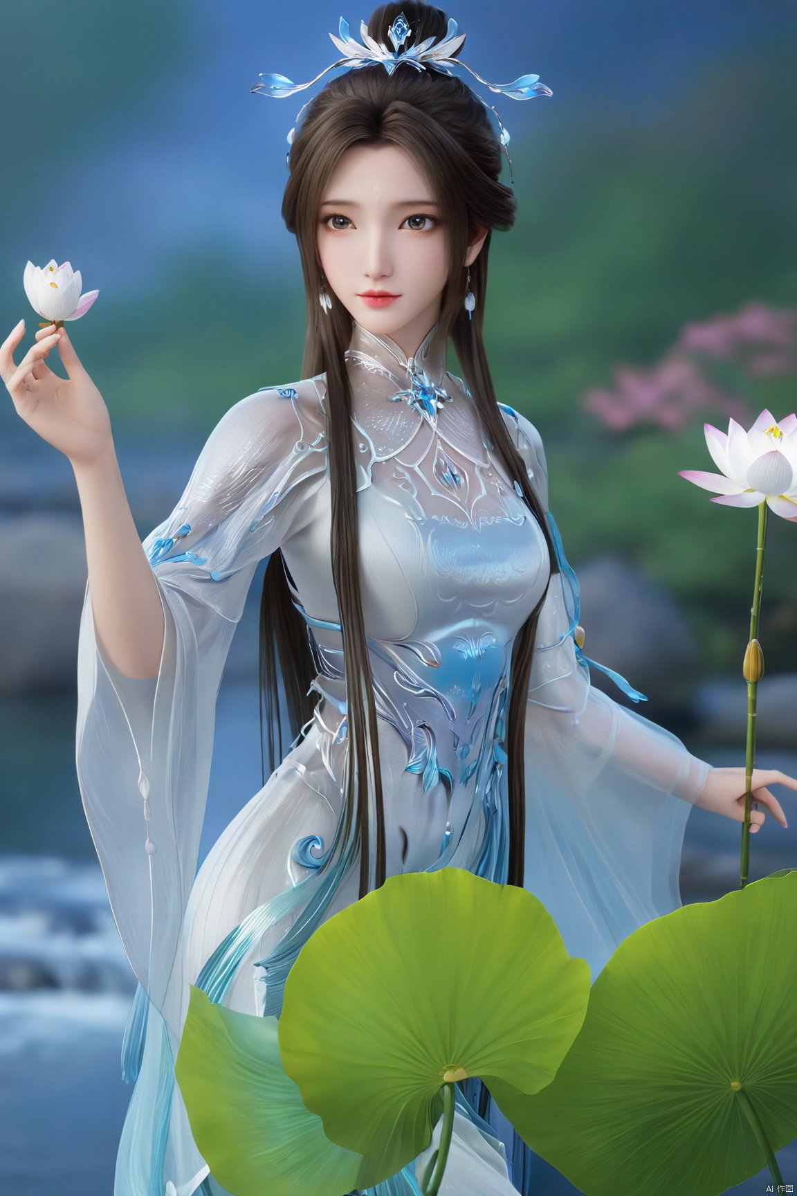 masterpiece,(best quality),official art,(extremely delicate and beautiful),,1girl,Depth of field,kind smile,looking_at_viewer,Dynamic pose,Xluxueqi,(big breasts:1.99), full moon,flowers,Waterfall, lotus, willow, butterfly