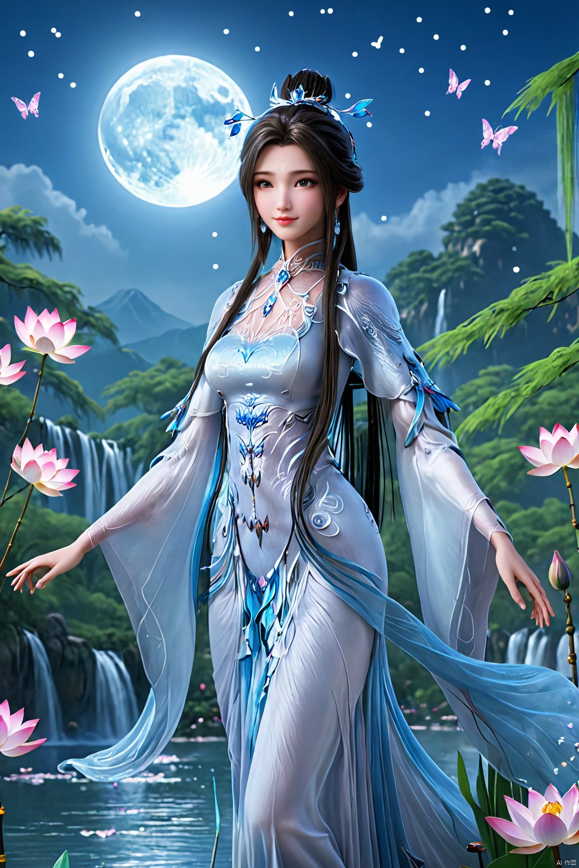 masterpiece,(best quality),official art,(extremely delicate and beautiful),,1girl,Depth of field,kind smile,looking_at_viewer,Dynamic pose,Xluxueqi,(big breasts:1.79), full moon,flowers,Waterfall, lotus, willow, butterfly