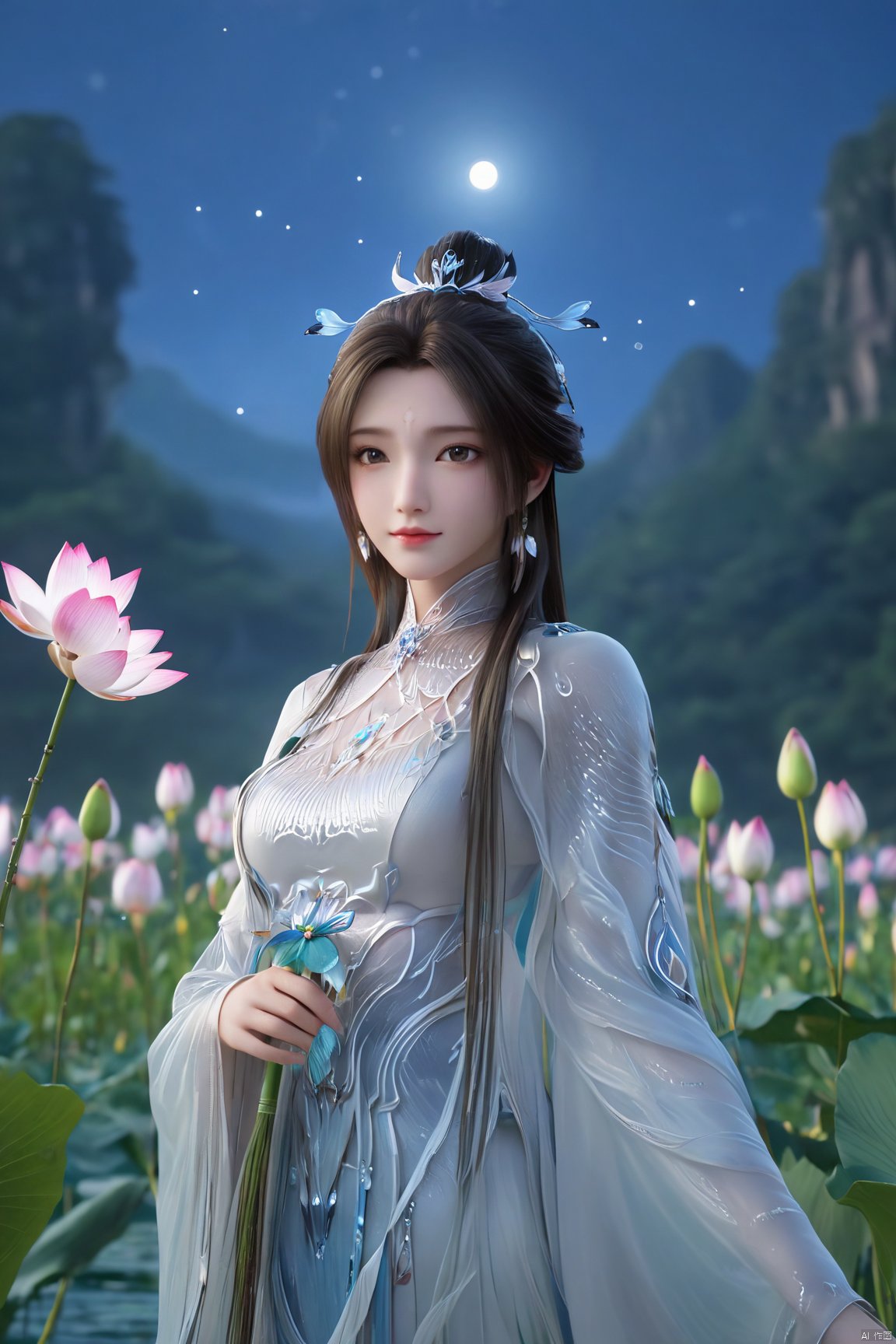 masterpiece,(best quality),official art,(extremely delicate and beautiful),,1girl,Depth of field,kind smile,looking_at_viewer,Dynamic pose,Xluxueqi,(big breasts:1.99), full moon,flowers,Waterfall, lotus, willow, butterfly