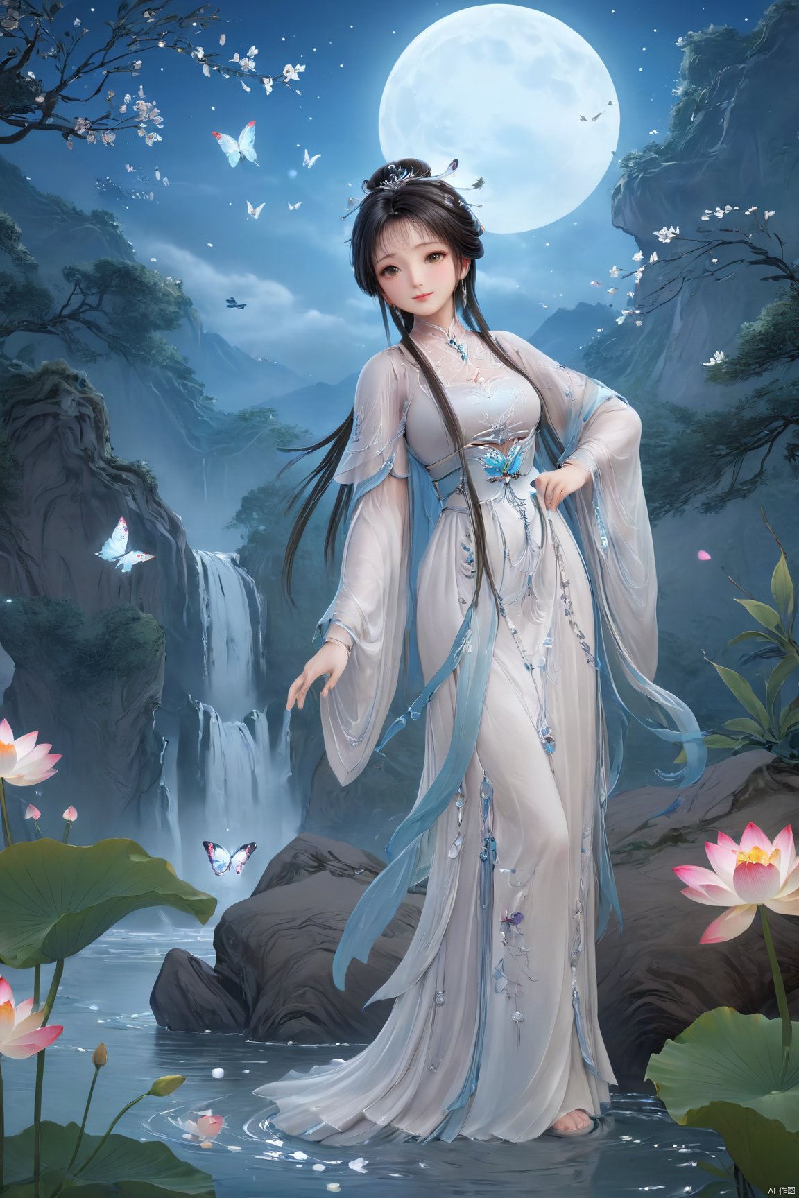 masterpiece,(best quality),official art,extremely detailed cg 8k wallpaper,(extremely delicate and beautiful),,1girl,Depth of field,kind smile,looking_at_viewer,Dynamic pose,Xluxueqi,(big breasts:1.39), full moon,flowers,Waterfall, lotus, willow, butterfly