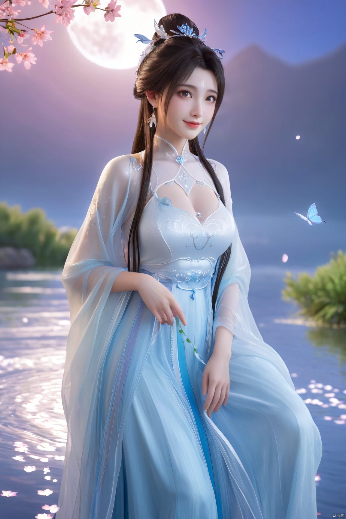 masterpiece,(best quality),official art,extremely detailed cg 8k wallpaper,(extremely delicate and beautiful),,1girl,Depth of field,kind smile,looking_at_viewer,Dynamic pose,Xluxueqi,(big breasts:1.39), full moon,flowers,Waterfall, lotus, willow, butterfly