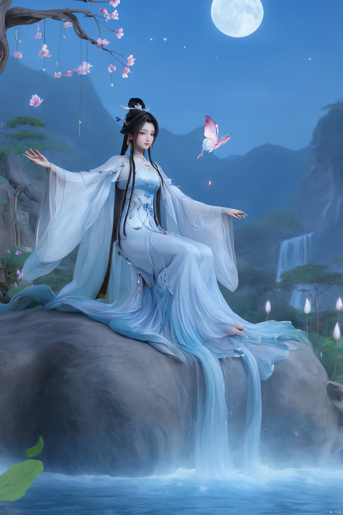 (masterpiece,best quality,official art),1girl,looking_at_viewer,Dynamic pose,Xluxueqi,(big breasts:1.79), full moon,flowers,Waterfall, lotus, willow, butterfly