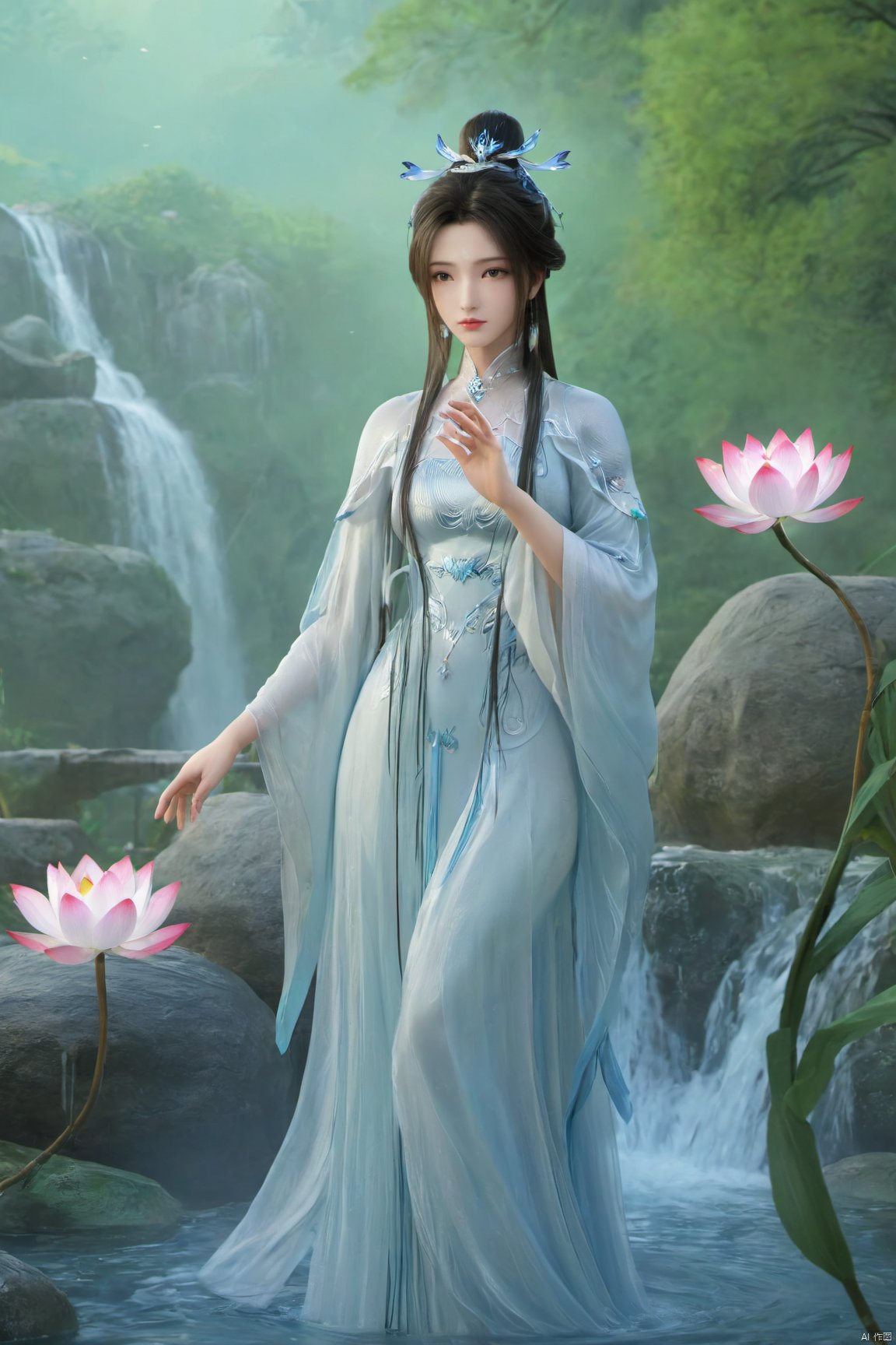 (masterpiece,best quality,official art),1girl,looking_at_viewer,Dynamic pose,Xluxueqi,(big breasts:1.79), full moon,flowers,Waterfall, lotus, willow, butterfly