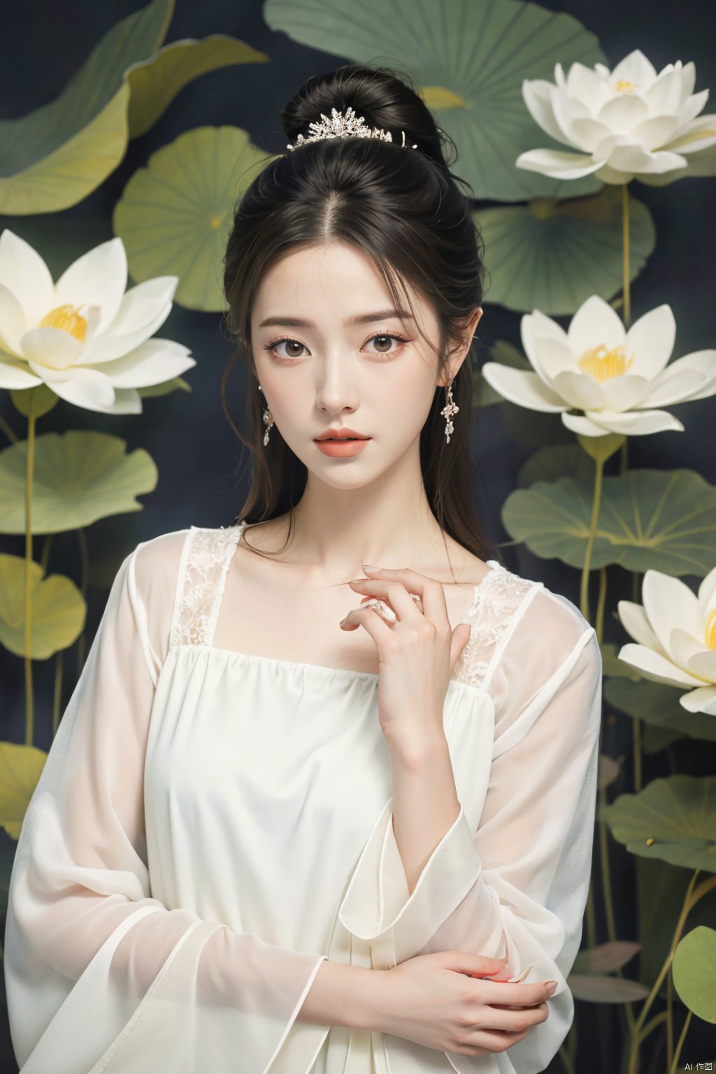 masterpiece,(best quality),official art,extremely detailed cg 8k wallpaper,(extremely delicate and beautiful),solo,realistic,photo_\(medium\),hiqcgbody,(upper body),1girl,white dress,long sleeves,hair bun,forehead mark,long hair,facial mark,hair ornament,,Xluxueqi,full moon,flowers,Waterfall, lotus, willow, butterfly