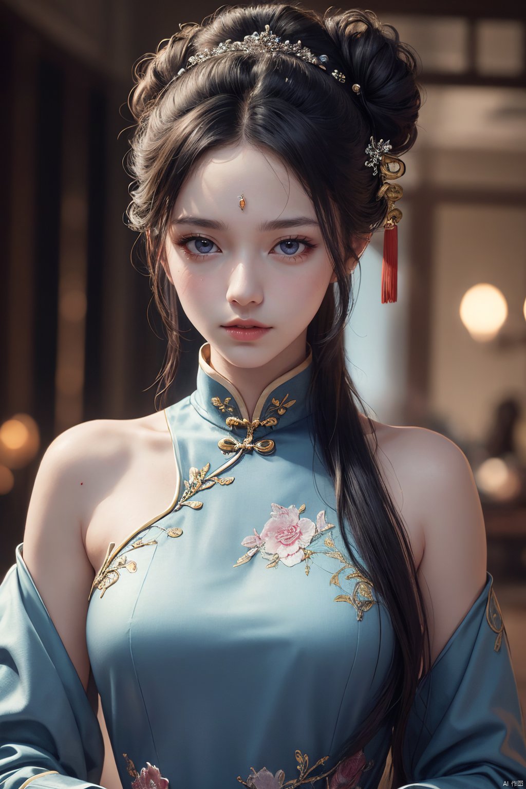 masterpiece,(best quality),official art,extremely detailed cg 8k wallpaper,(extremely delicate and beautiful),solo,realistic,photo_\(medium\),hiqcgbody,(upper body),1girl,chinese clothes,long sleeves,hair bun,forehead mark,long hair,facial mark,hair ornament,,Xluxueqi