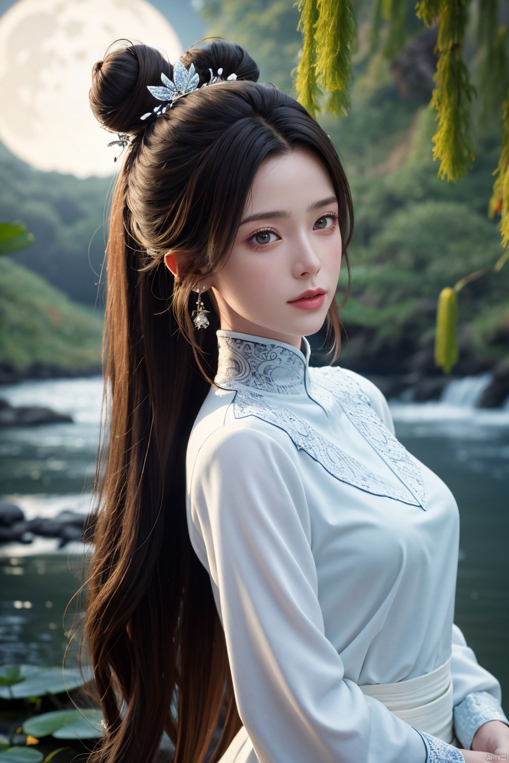 masterpiece,(best quality),official art,extremely detailed cg 8k wallpaper,(extremely delicate and beautiful),solo,realistic,photo_\(medium\),hiqcgbody,(upper body),1girl,white dress,long sleeves,hair bun,forehead mark,long hair,facial mark,hair ornament,,Xluxueqi,full moon,flowers,Waterfall, lotus, willow, butterfly