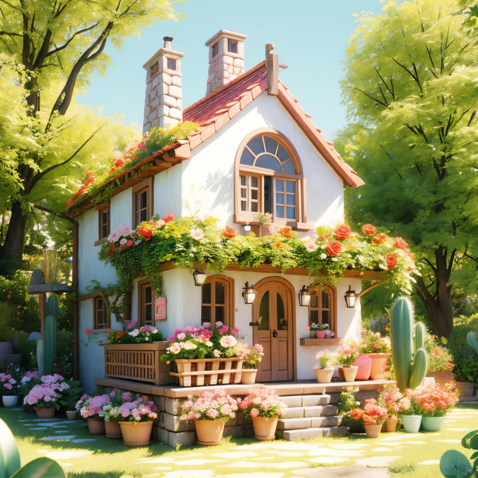 HEZI,play house,Play style,single scene,plant,potted plant,no humans,stairs,window,flower,scenery,door,outdoors,tree,house,pink flower,chimney,watering can,day,garden,food,vines,building,fruit,ladder,sky,flower pot,blurry,grass,basket,pink rose,depth of field,cactus,rose,sign,clothesline,apple,