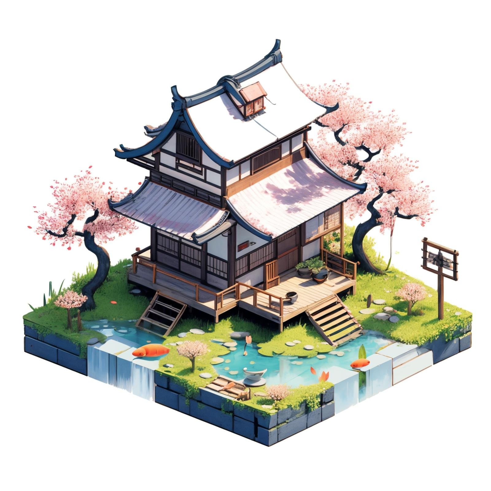 HEZI,play house,Play style,single scene,no humans,water,lily pad,rock,white background,scenery,plant,cherry blossoms,petals,simple background,architecture,pond,potted plant,leaf,building,stone,east asian architecture,cup,stairs,lantern,pink flower,railing,flower,table,teapot,fish,stone lantern,