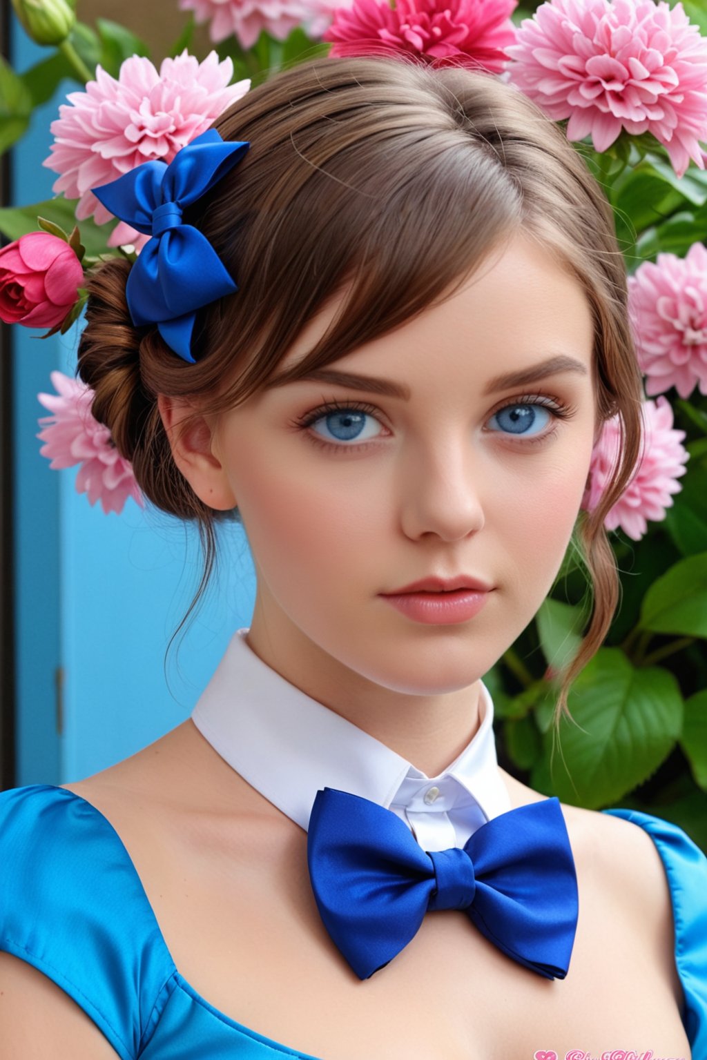 1girl, solo, looking at viewer, blue eyes, brown hair, bow, upper body, flower, short sleeves, parted lips, artist name, bowtie, medium hair, lips, watermark, blue bow, realistic