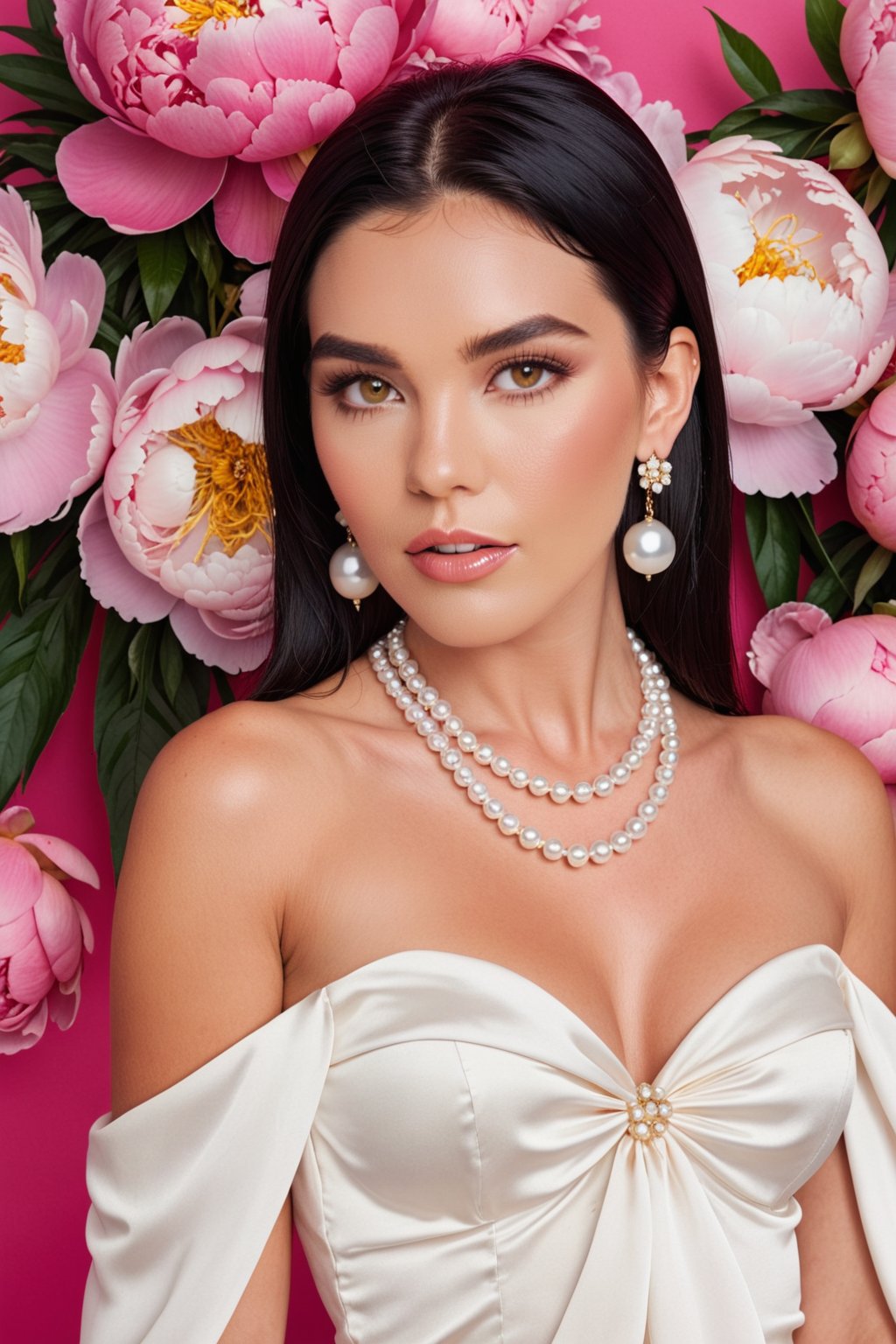 long black straight hair, honey colour eyes, hi fashion, realistic , a lot of peonie flowers, big pearl jewellery, realistic, high fashion, a lot of peony flowers all around, vivid colours, bright colour background look, big pearl earrings and necklaces