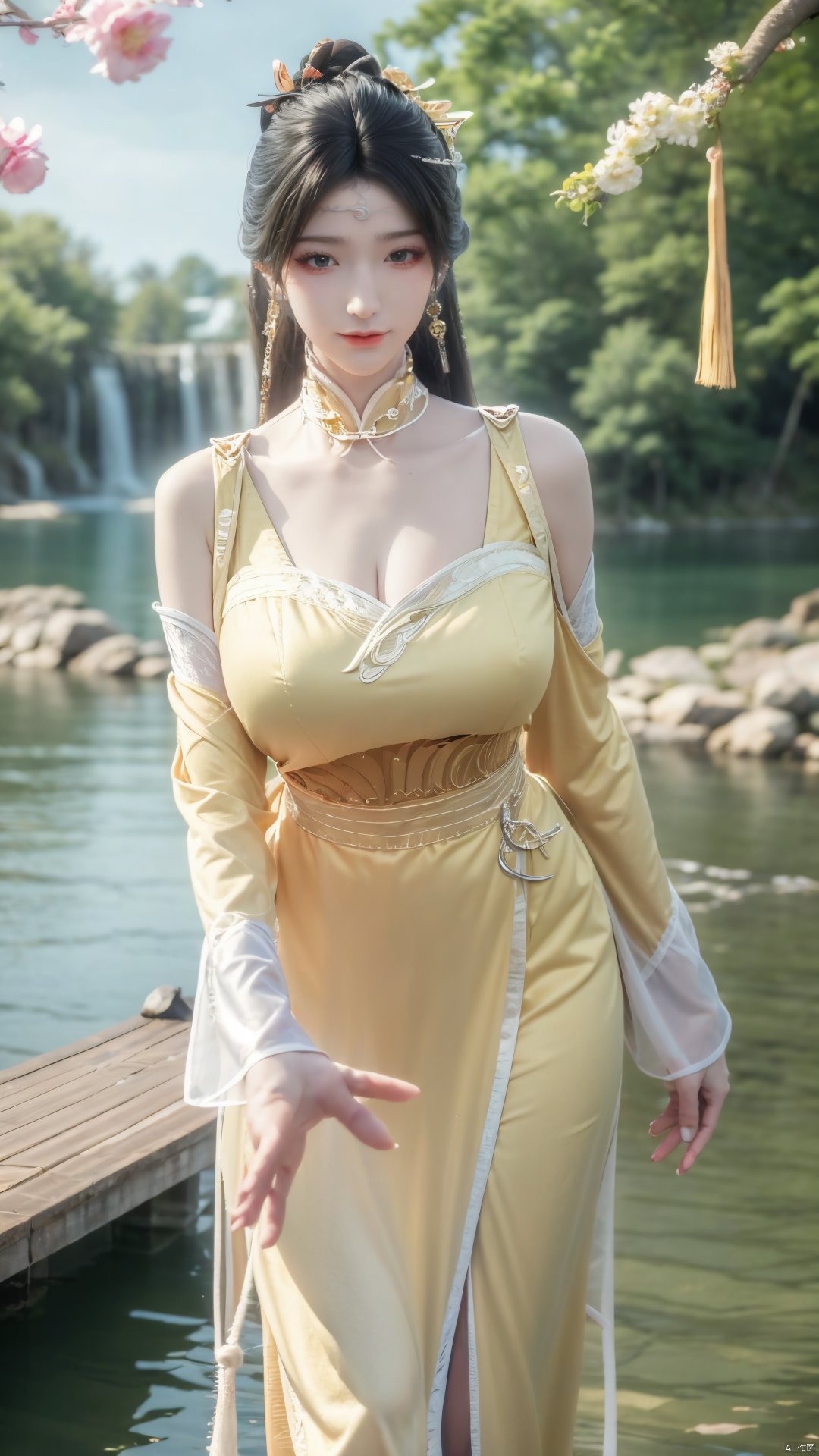 masterpiece,(best quality),official art,(extremely delicate and beautiful),solo,(yellow chinese clothes,yellow dress,bare shoulders,frilled collar,earrings,long sleeves),1girl,solo,black hair,facial mark,forehead mark,hair bun,hair ornament,hair stick,jewelry,long hair,,adfxx,,Xjinpinger,(big breasts:1.29),flowers,Waterfall, lotus, willow, butterfly