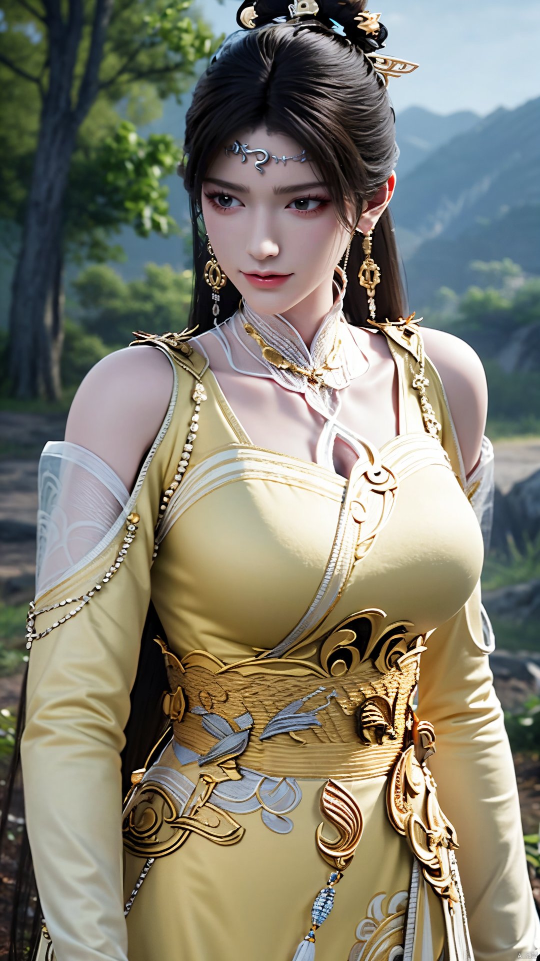 masterpiece,(best quality),official art,(extremely delicate and beautiful),solo,(yellow chinese clothes,yellow dress,bare shoulders,frilled collar,earrings,long sleeves),1girl,solo,black hair,facial mark,forehead mark,hair bun,hair ornament,hair stick,jewelry,long hair,,adfxx,,Xjinpinger,(big breasts:1.29),