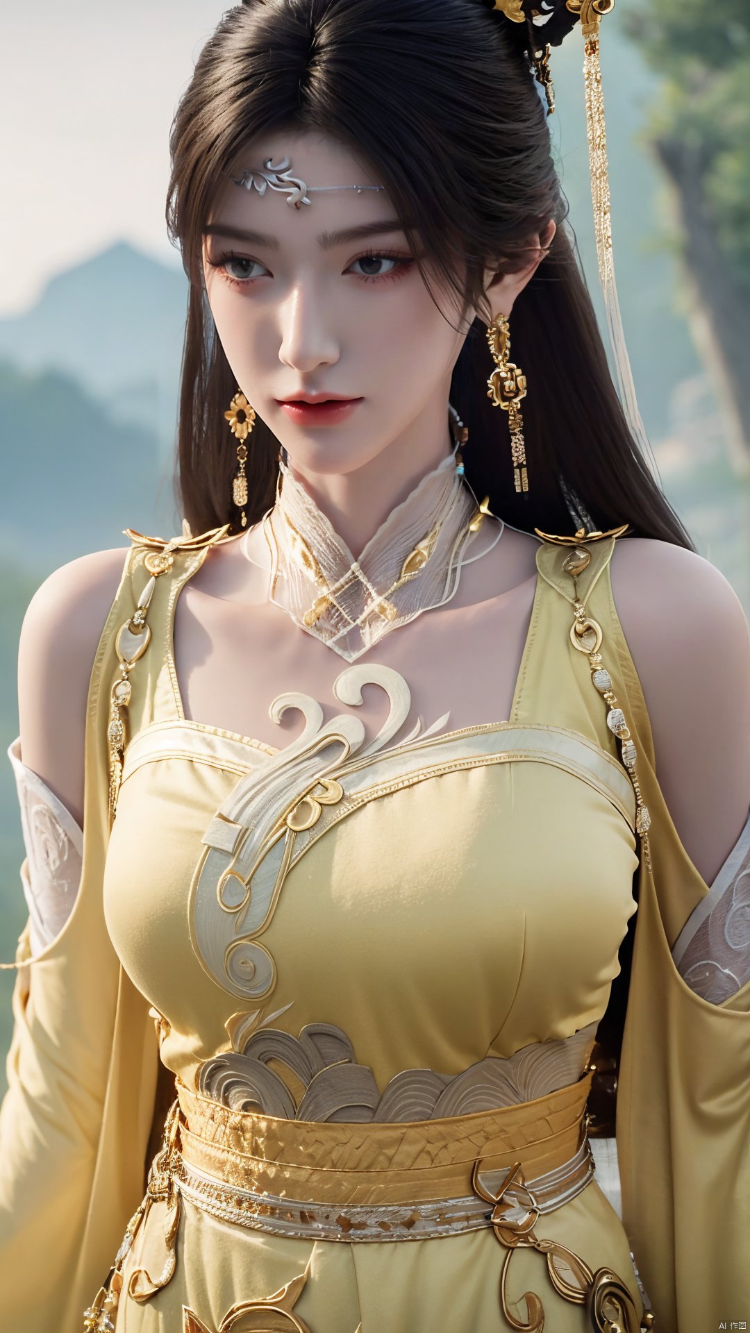 masterpiece,(best quality),official art,(extremely delicate and beautiful),solo,(yellow chinese clothes,yellow dress,bare shoulders,frilled collar,earrings,long sleeves),1girl,solo,black hair,facial mark,forehead mark,hair bun,hair ornament,hair stick,jewelry,long hair,,adfxx,,Xjinpinger,(big breasts:1.29),