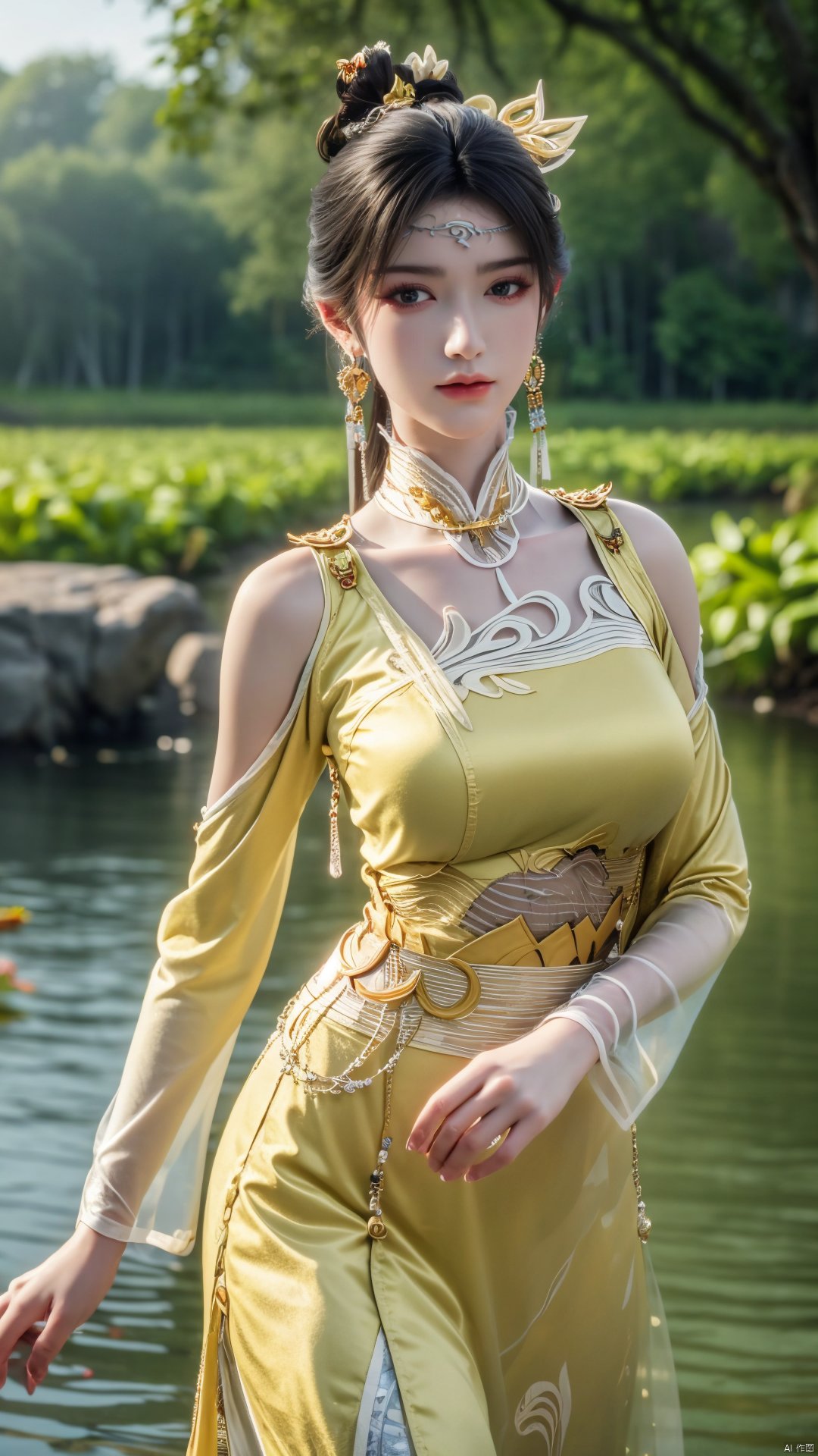 masterpiece,(best quality),official art,(extremely delicate and beautiful),solo,(yellow chinese clothes,yellow dress,bare shoulders,frilled collar,earrings,long sleeves),1girl,solo,black hair,facial mark,forehead mark,hair bun,hair ornament,hair stick,jewelry,long hair,,adfxx,,Xjinpinger,(big breasts:1.29),flowers,Waterfall, lotus, willow, butterfly