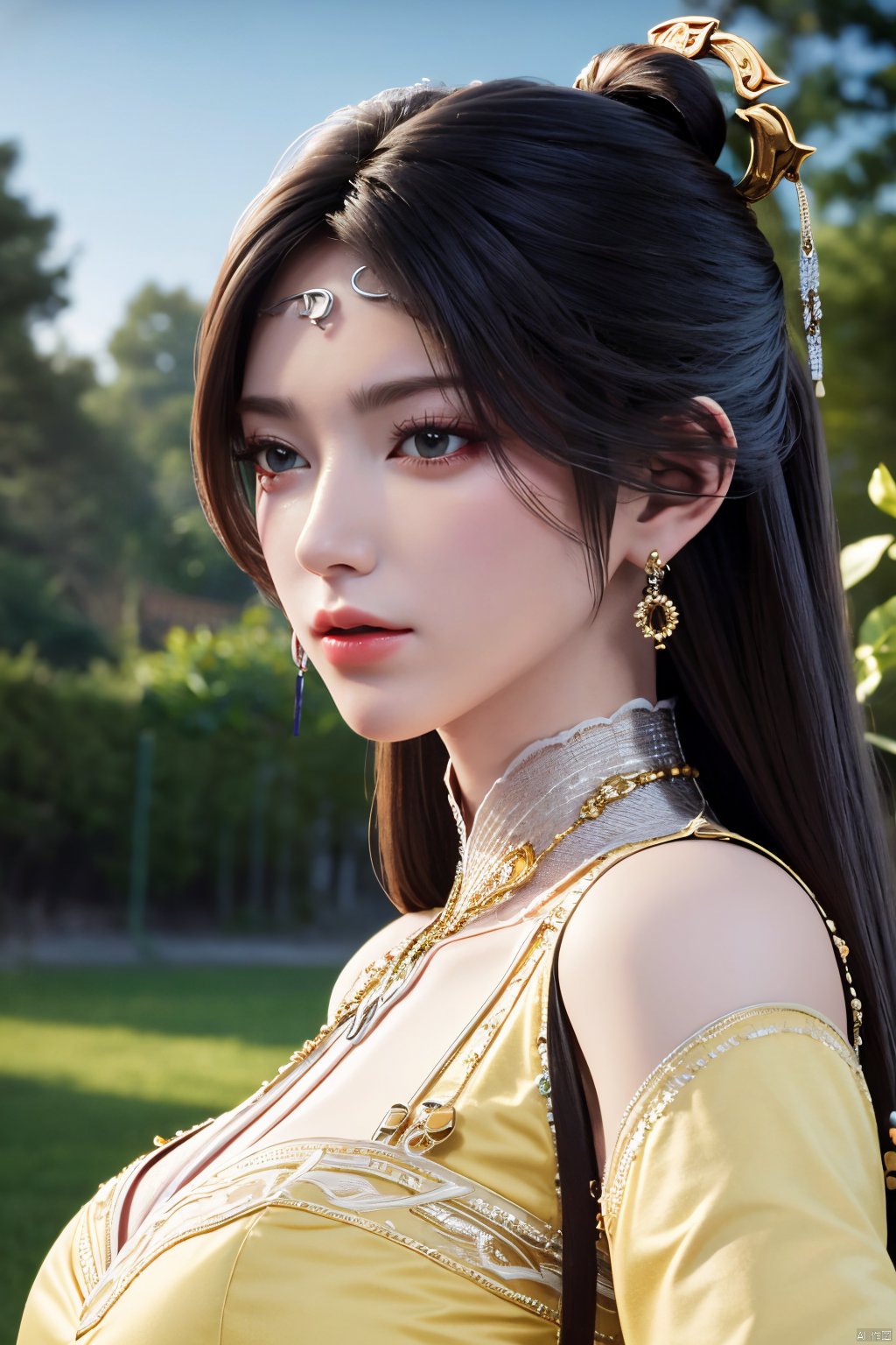 masterpiece,(best quality),official art,extremely detailed cg 8k wallpaper,(extremely delicate and beautiful),solo,realistic,photo_\(medium\),portrait,adfxx,(,:1.2),portrait,(yellow chinese clothes,yellow dress,bare shoulders,frilled collar,earrings,long sleeves),1girl,solo,black hair,facial mark,forehead mark,hair bun,hair ornament,hair stick,jewelry,long hair,,adfxx,,Xjinpinger,(big breasts:1.29),