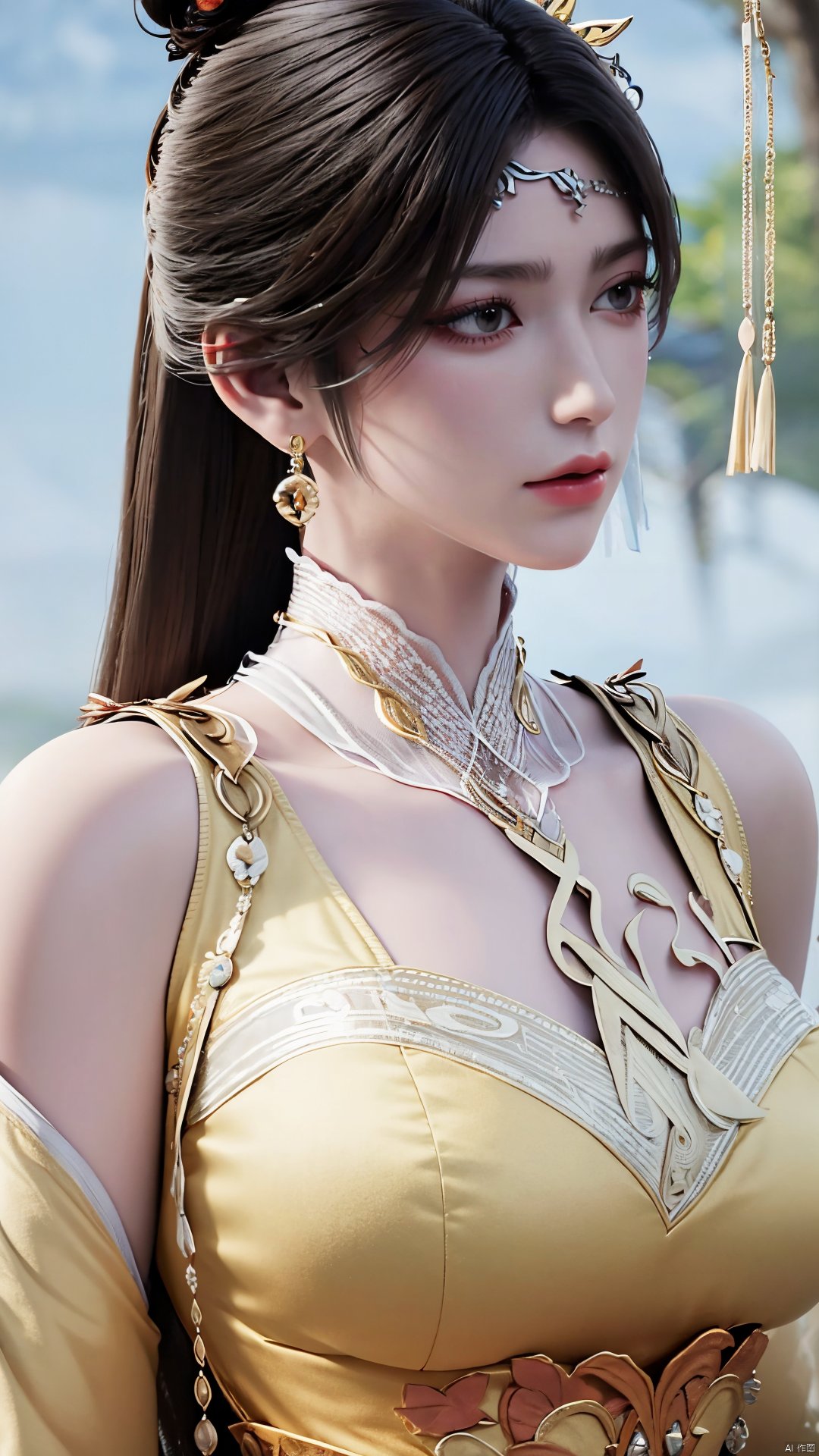 masterpiece,(best quality),official art,(extremely delicate and beautiful),solo,(yellow chinese clothes,yellow dress,bare shoulders,frilled collar,earrings,long sleeves),1girl,solo,black hair,facial mark,forehead mark,hair bun,hair ornament,hair stick,jewelry,long hair,,adfxx,,Xjinpinger,(big breasts:1.29),