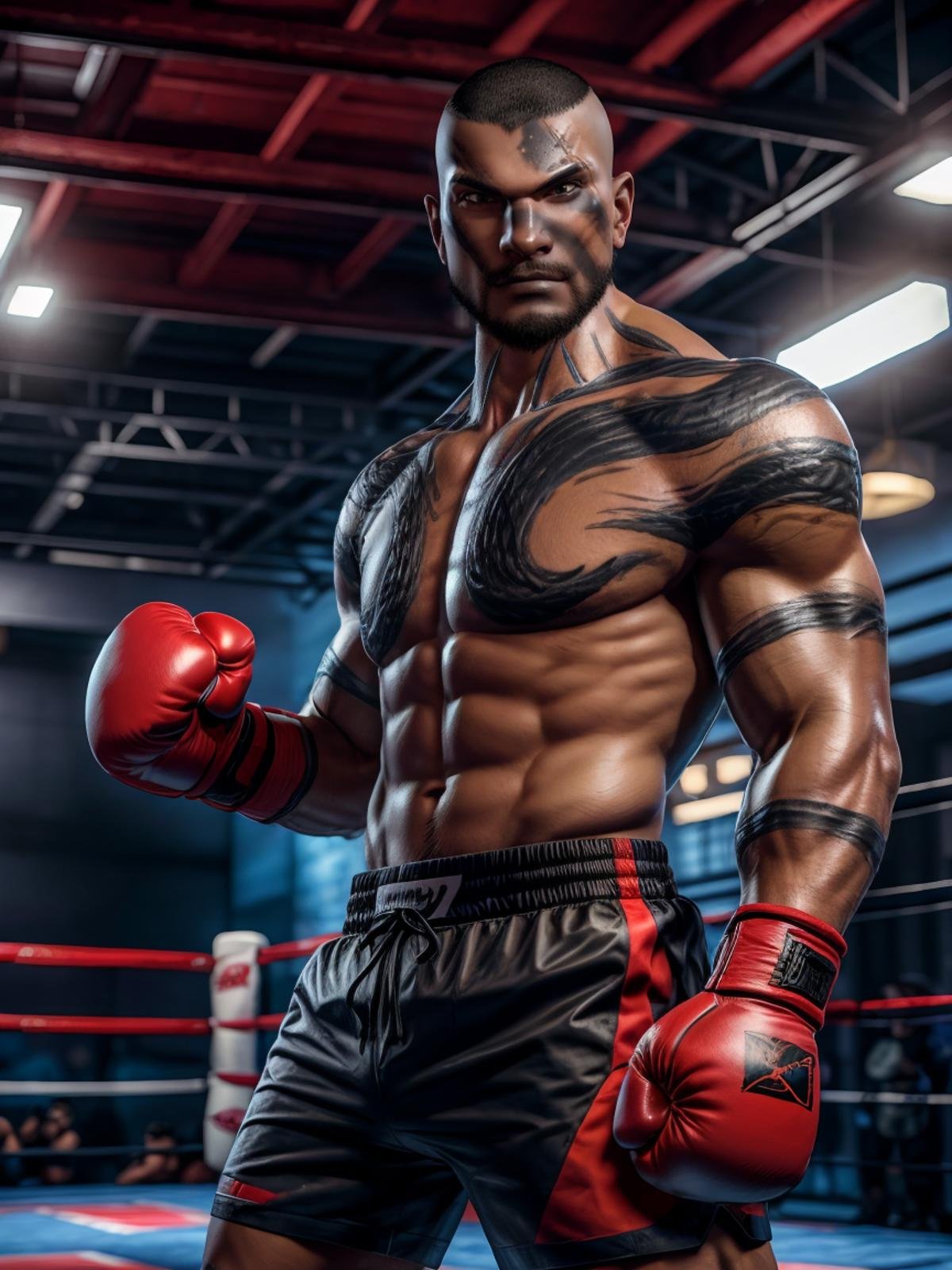 ultra realistic, unreal engine 5, anatomically correct, detailed eyes, detailed face, solo, temulchsd, black eyes, scar, tattoo, beard, muscular, bara, very dark skin, buzzcut, ((heroic muay thai stance pose, red boxing gloves, black boxing shorts)), studio photo, looking at viewer, smirk,<lora:Add More Details:0.8><lora:TMCHSD4.44 Final:1>