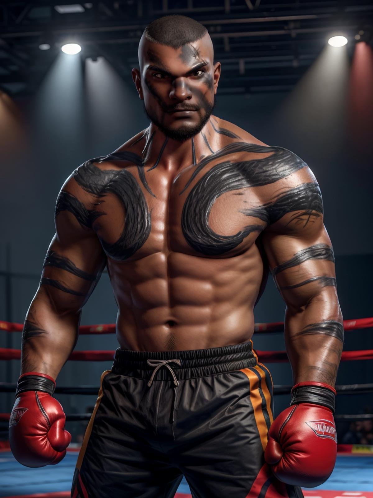 ultra realistic, unreal engine 5, anatomically correct, detailed eyes, detailed face, solo, temulchsd, black eyes, scar, tattoo, beard, muscular, bara, very dark skin, buzzcut, ((heroic muay thai stance pose, red boxing gloves, black boxing shorts)), studio photo, looking at viewer, smile,<lora:Add More Details:0.8><lora:TMCHSD4.44 Final:1>