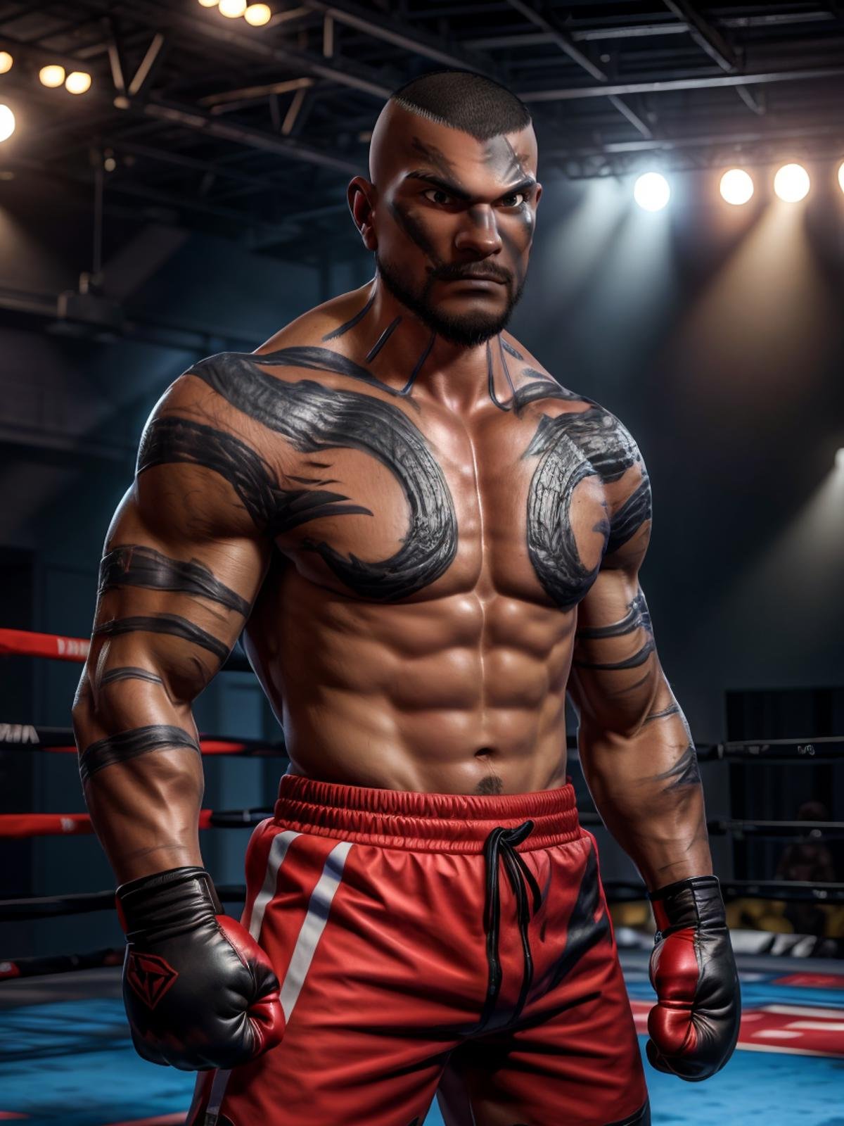 ultra realistic, unreal engine 5, anatomically correct, detailed eyes, detailed face, solo, temulchsd, black eyes, scar, tattoo, beard, muscular, bara, very dark skin, buzzcut, ((heroic muay thai stance pose, red boxing gloves, black boxing shorts)), studio photo, looking at viewer, smirk, raised eyebrow, <lora:Add More Details:0.8><lora:TMCHSD4.44 Final:1>