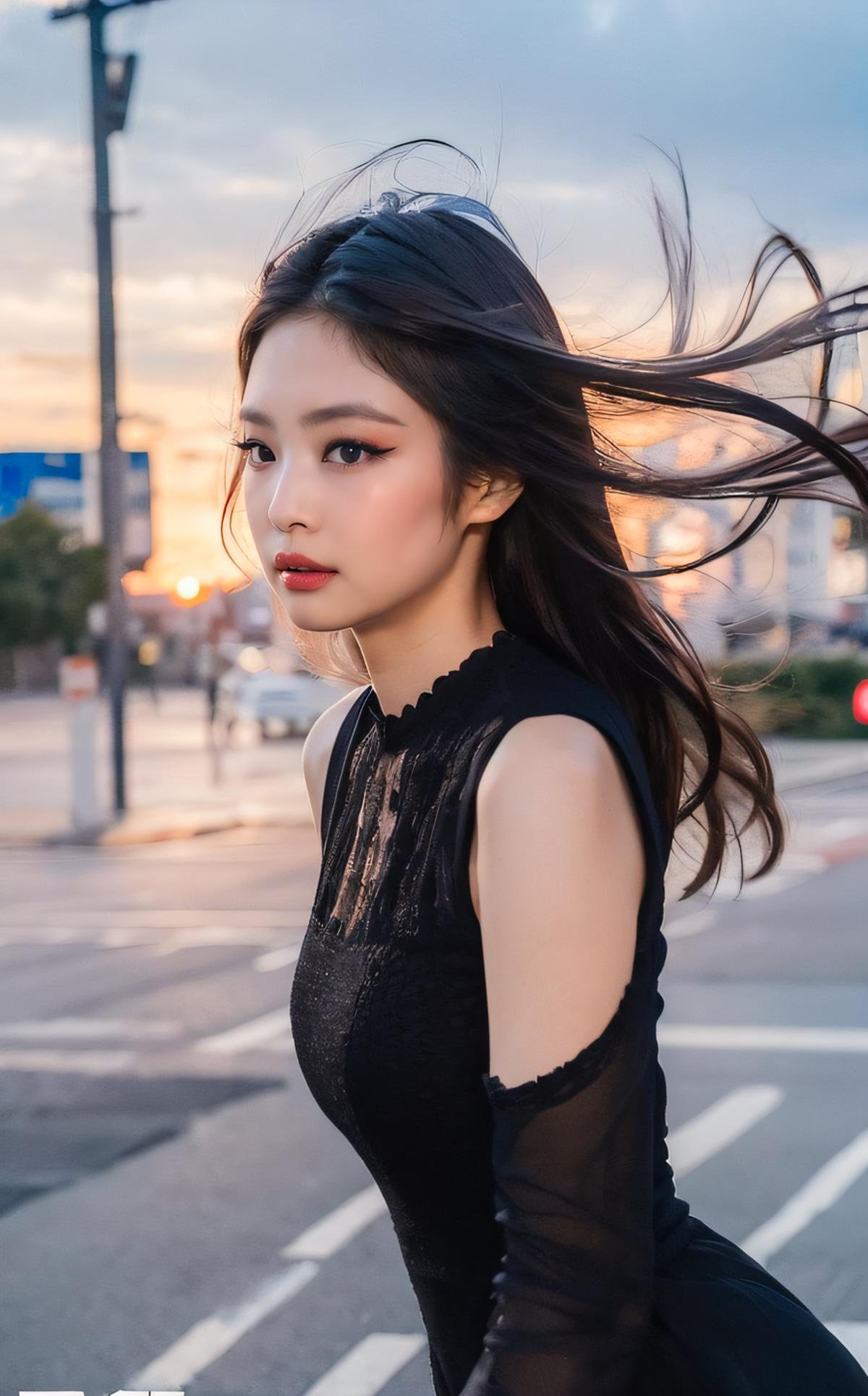 (realistic), (hyperrealism), (photorealistic:1.4), 1girl, looking at the viewer, eye makeup, detailed eyes, detailed face, (upper body:1.2), detailed background, black dress, walking at the streets, sunset, (windy:1.2) <lora:Jennie_V1:1> J€nn!e