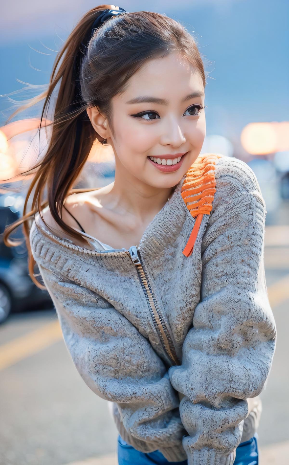 <lora:Jennie_V1:1> J€nn!e,, (smiling:1.2),  , (fullbody:1.2),  (realistic), (hyperrealism), (photorealistic:1.4), 1girl,,  looking at the viewer, eye makeup, detailed eyes, detailed face, (upper body:1.2), detailed background, walking at the streets, sunset, (windy:1.2)  z1pp3rsw3at3r,, sleeves past wrists, zipper sweater, Denim jeans   <lora:zoom_slider_v1:2>