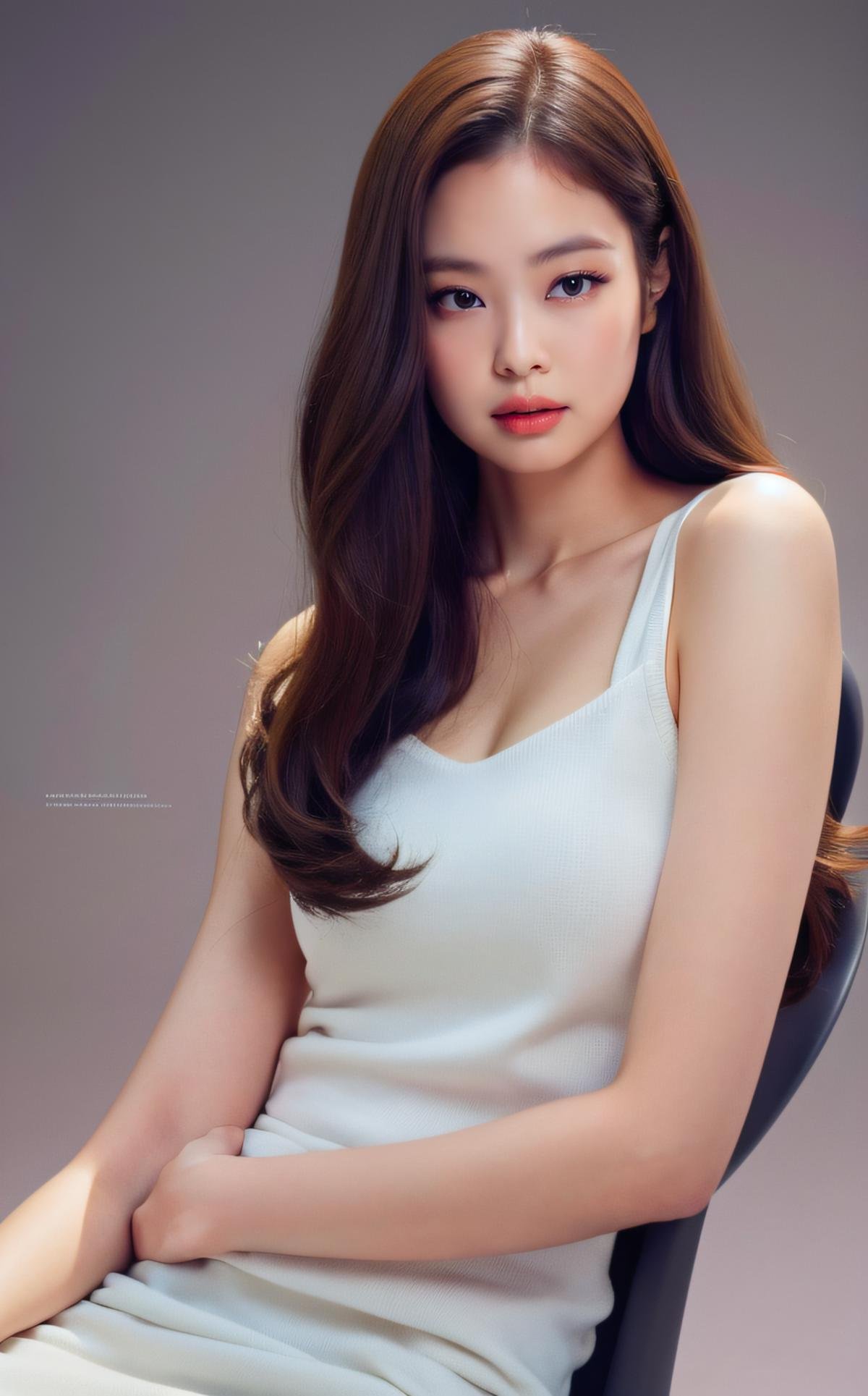 <lora:Jennie_V1:1> J€nn!e, Best quality, masterpiece, ultra high res, (photorealistic:1.4), raw photo,1girl, solo, realistic, (looking at viewer:1.2), upper body,simple gray background, white dress, long hair