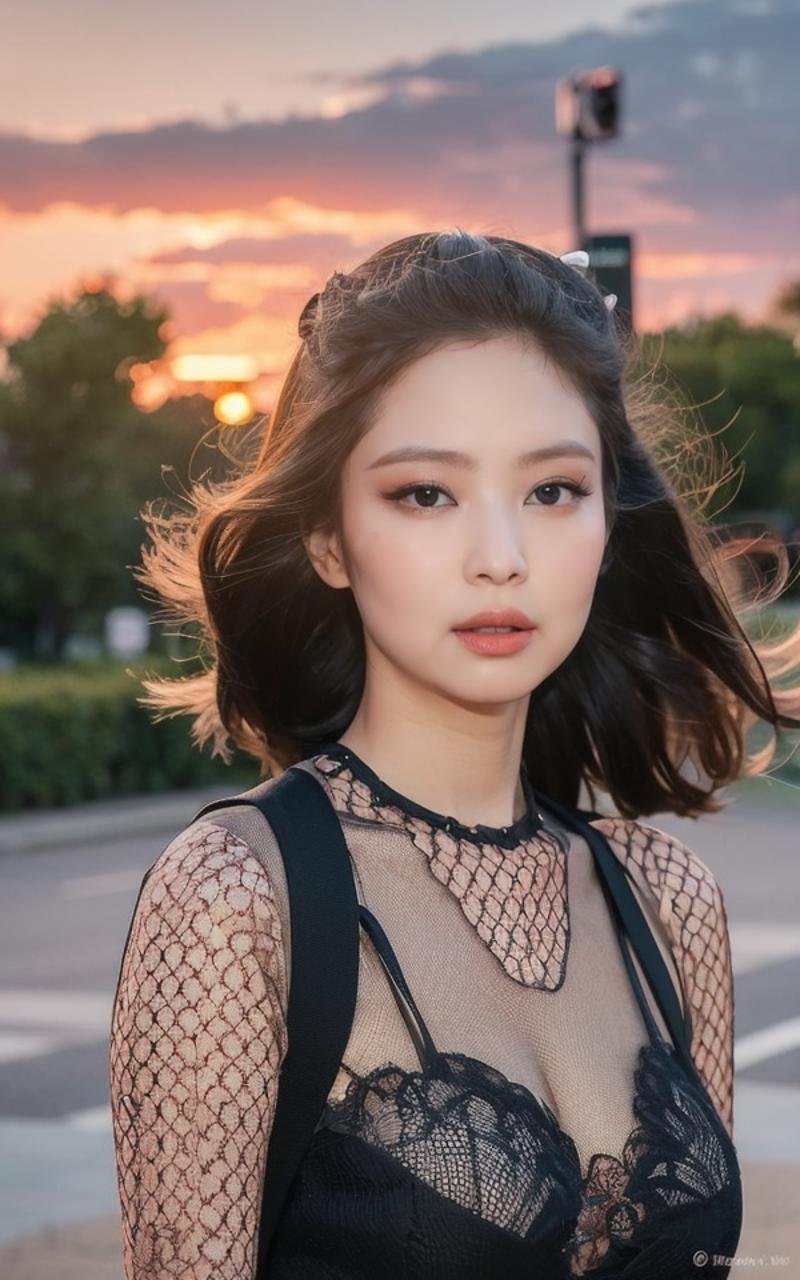 (realistic), (hyperrealism), (photorealistic:1.4), 1girl, looking at the viewer, eye makeup, detailed eyes, detailed face, (upper body:1.2), detailed background, black dress, walking at the streets, sunset, (windy:1.2) <lora:Jennie_V1:1> J€nn!e